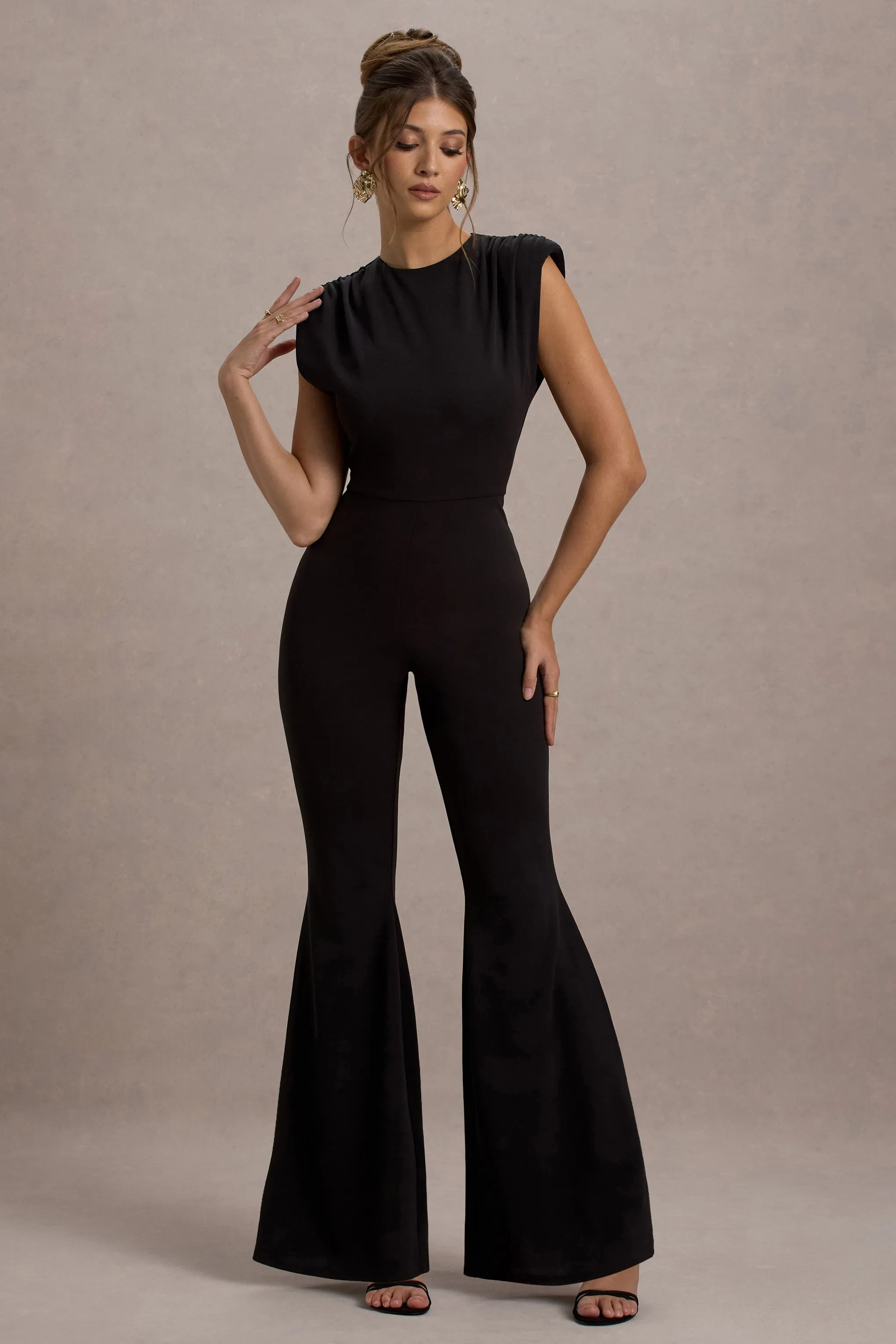 Elyna | Black High-Neck Draped Flared-Leg Jumpsuit sold by Club L London product image thumbnail 4