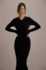 Kalilah | Black Long-Sleeve Ruched Maxi Dress sold by Club L London