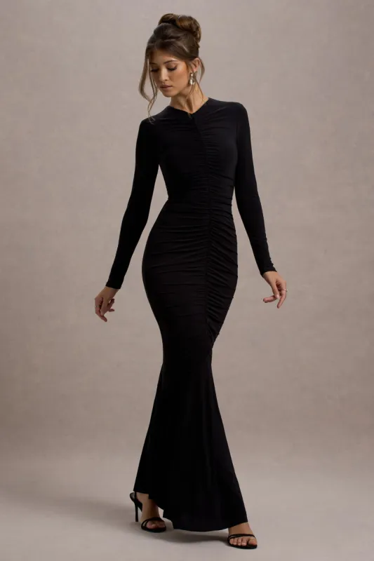 Kalilah | Black Long-Sleeve Ruched  Maxi Dress sold by Club L London