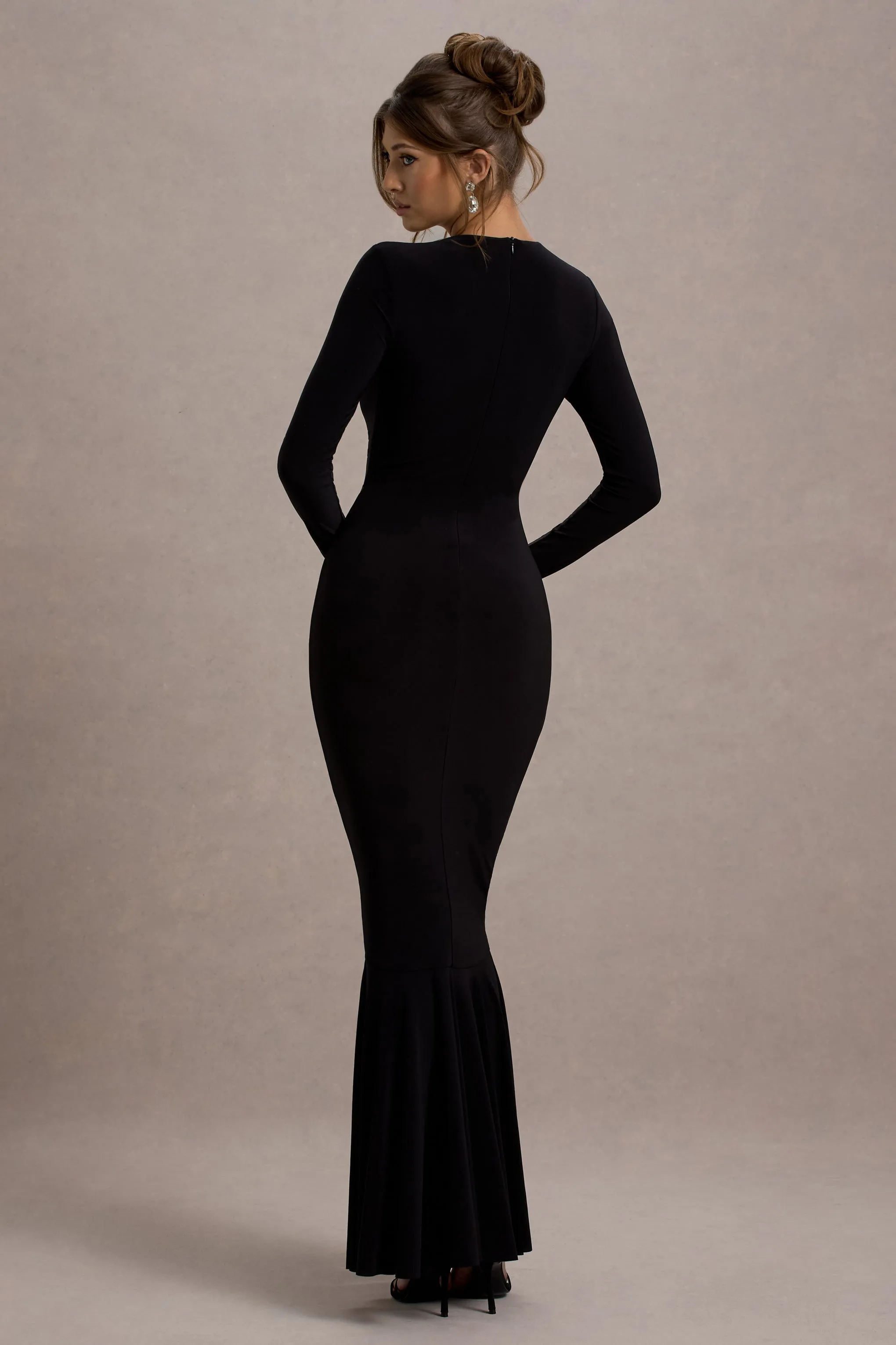 Kalilah | Black Long-Sleeve Ruched Maxi Dress sold by Club L London product image thumbnail 2
