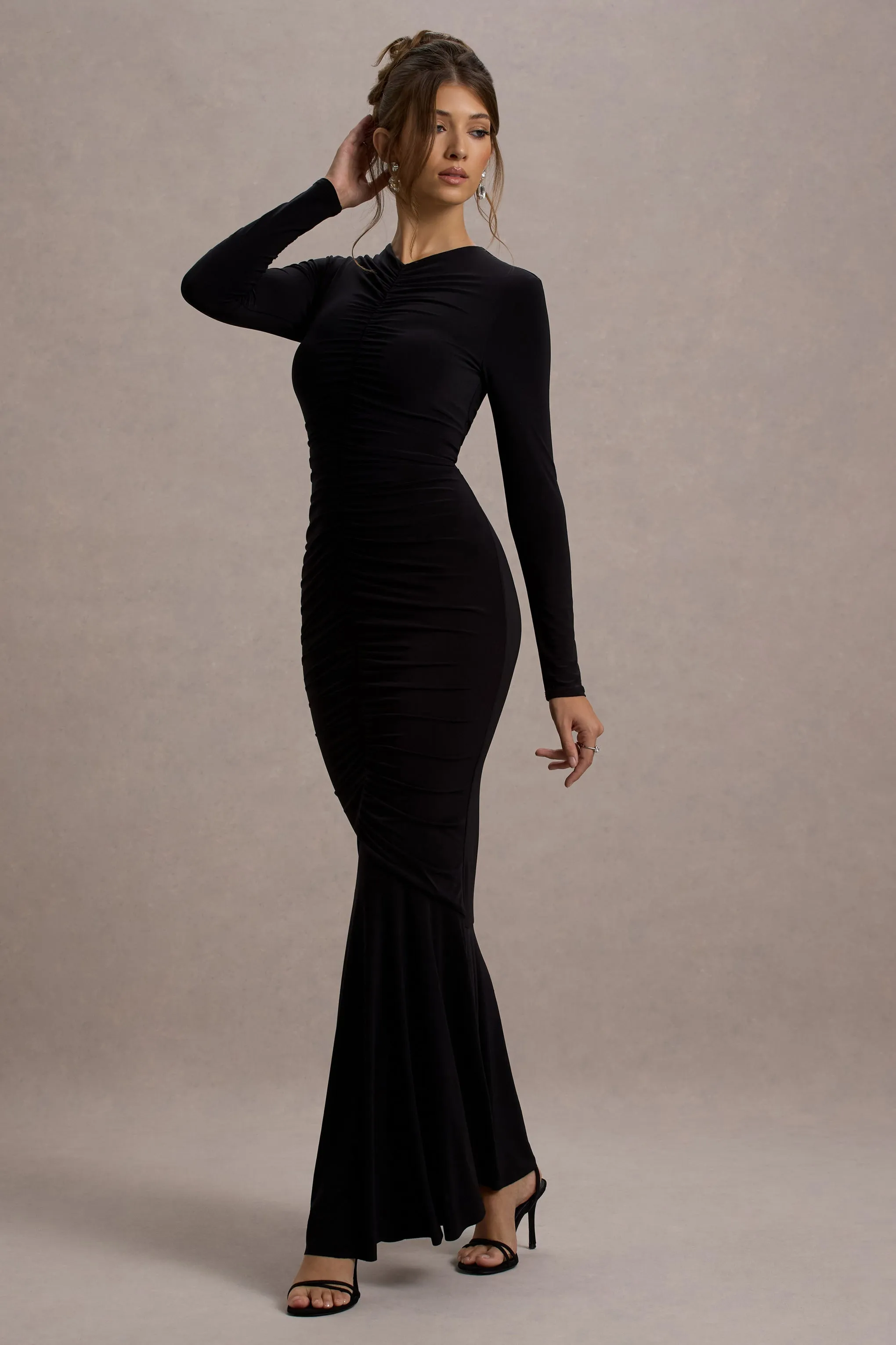 Kalilah | Black Long-Sleeve Ruched Maxi Dress sold by Club L London product image thumbnail 5