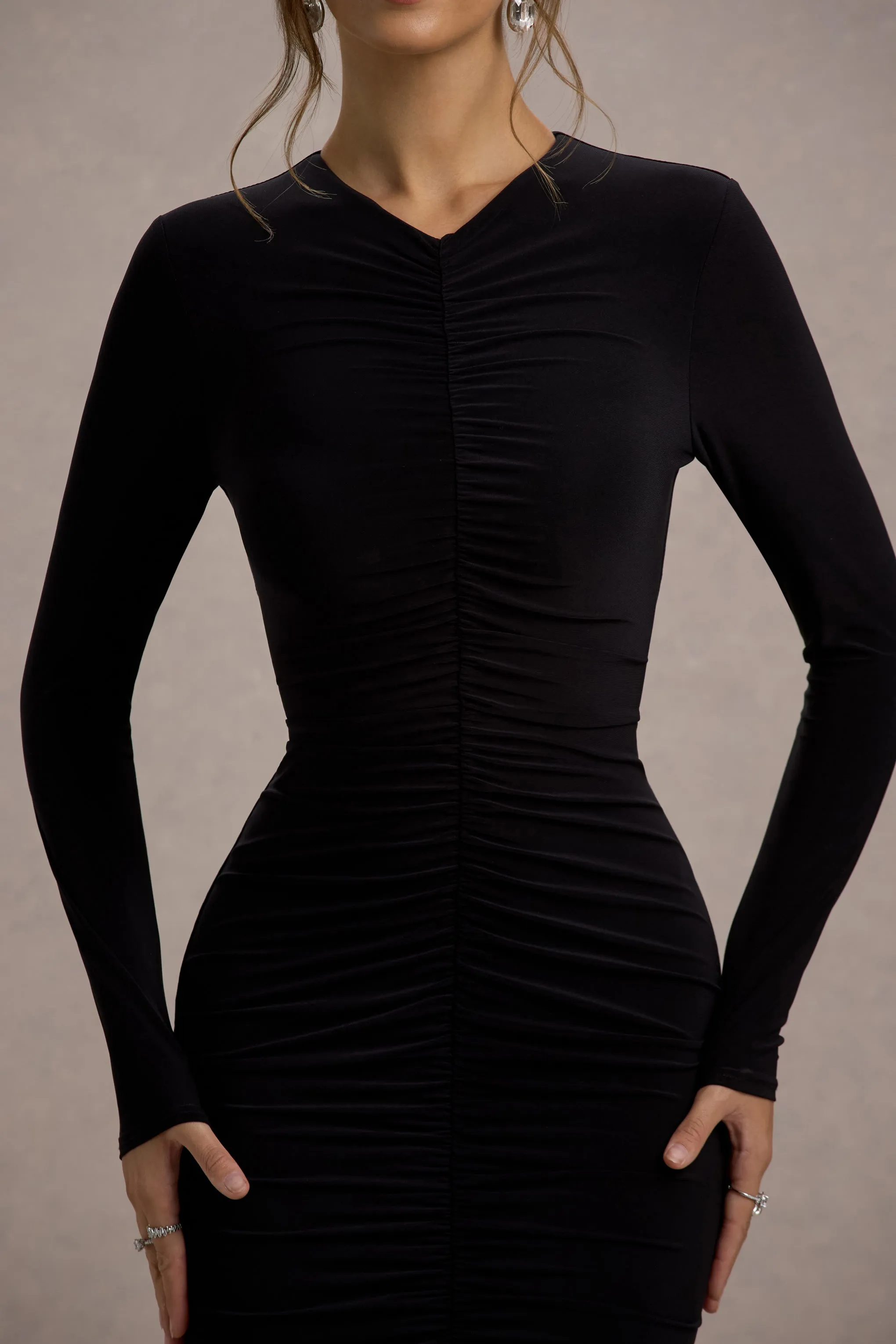 Kalilah | Black Long-Sleeve Ruched Maxi Dress sold by Club L London product image thumbnail 3