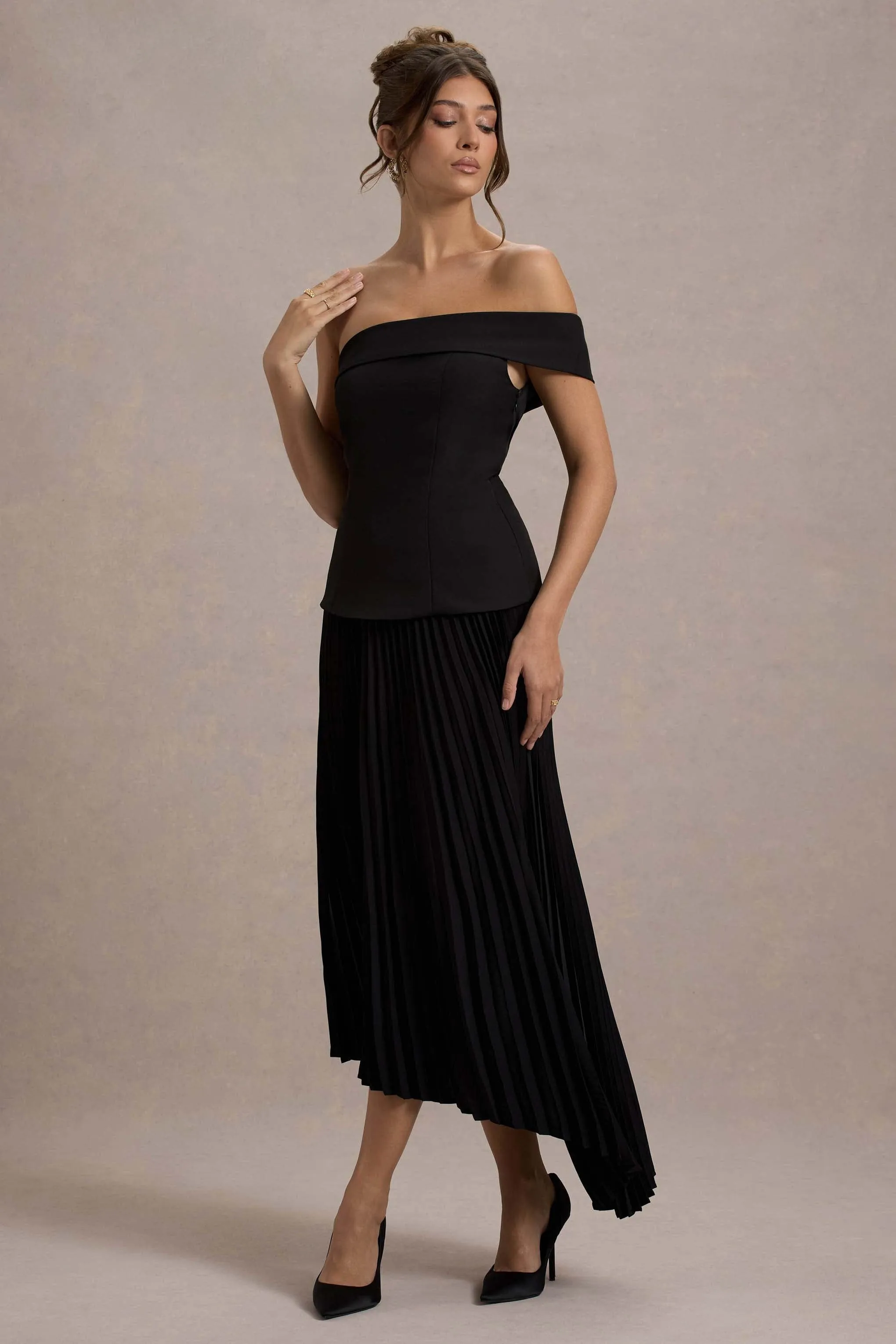 Pauline | Black Bardot Tailored Maxi Dress With Plisse Skirt sold by Club L London product image thumbnail 4
