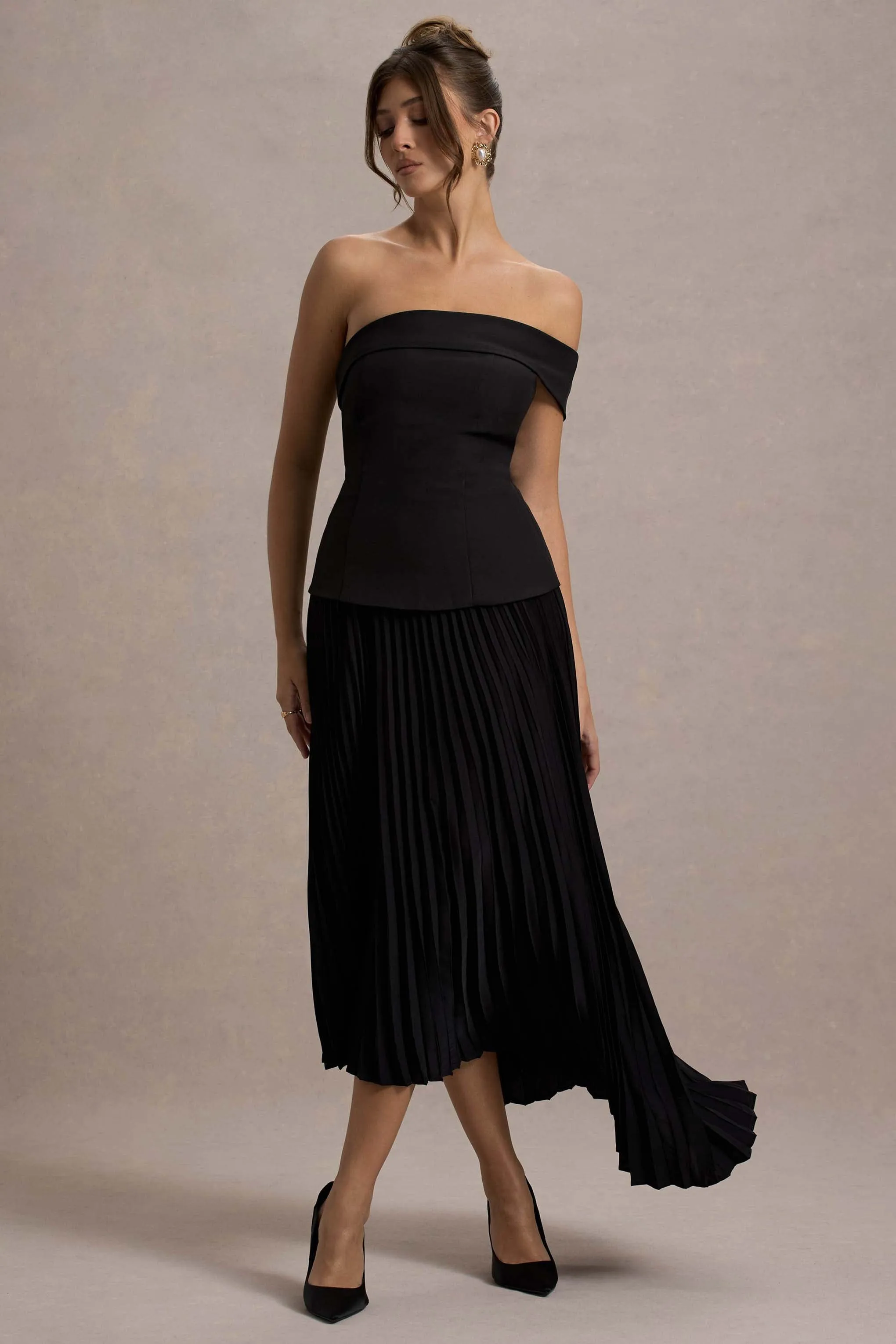 Pauline | Black Bardot Tailored Maxi Dress With Plisse Skirt sold by Club L London