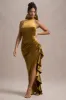 Janiya | Mustard Velvet High-Neck Ruffled Split Maxi Dress sold by Club L London