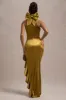 Janiya | Mustard Velvet High-Neck Ruffled Split Maxi Dress sold by Club L London