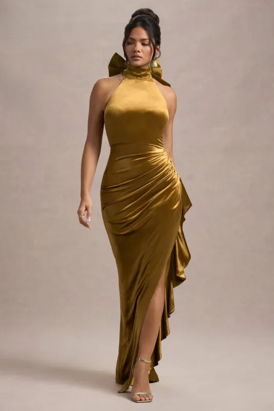 Janiya | Mustard Velvet High-Neck Ruffled Split Maxi Dress sold by Club L London