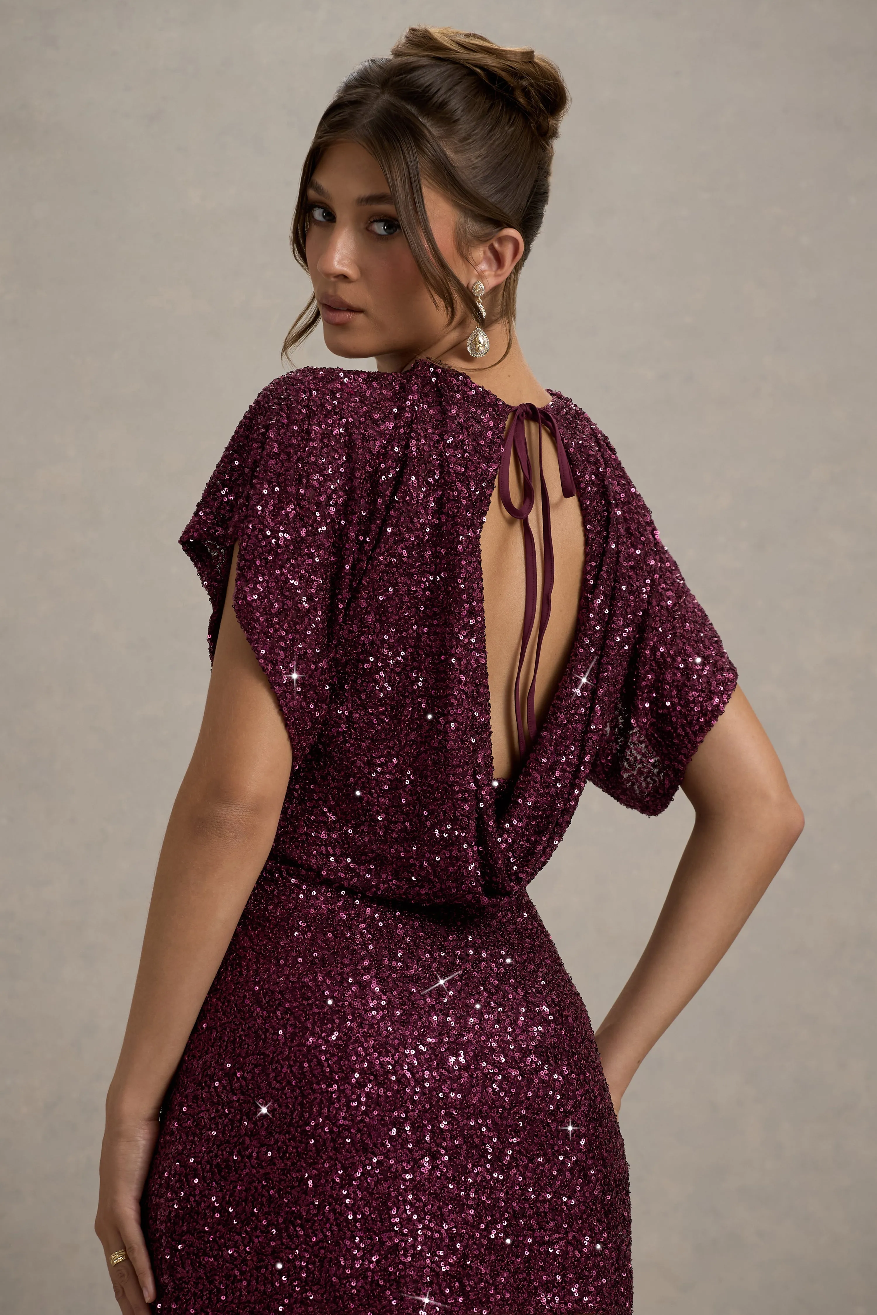 Juno | Berry Sequin Short-Sleeve Cowl-Back Mini Dress sold by Club L London product image thumbnail 4