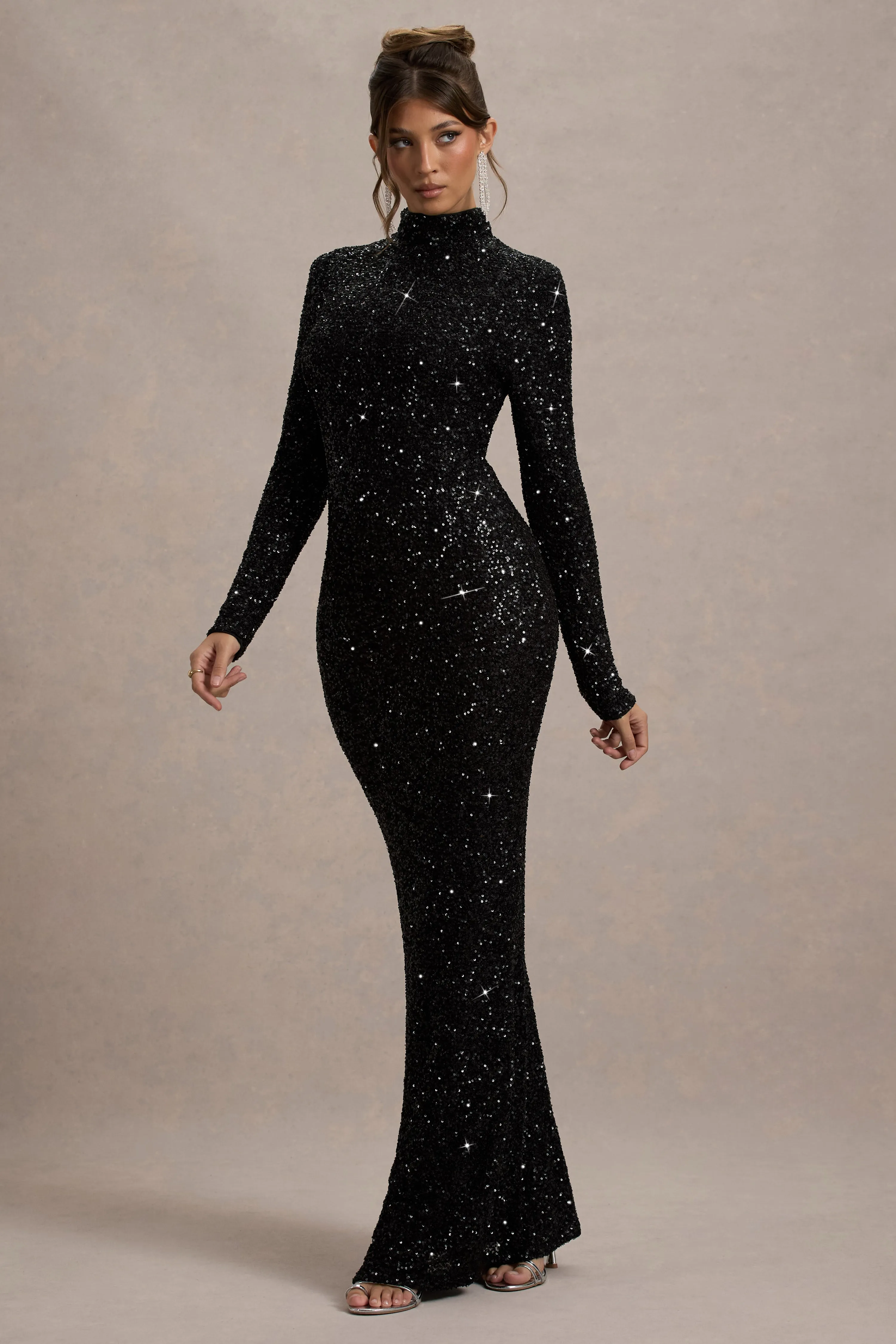 Galaxy | Black Sequin Turtle-Neck Long-Sleeve Maxi Dress sold by Club L London product image thumbnail 4