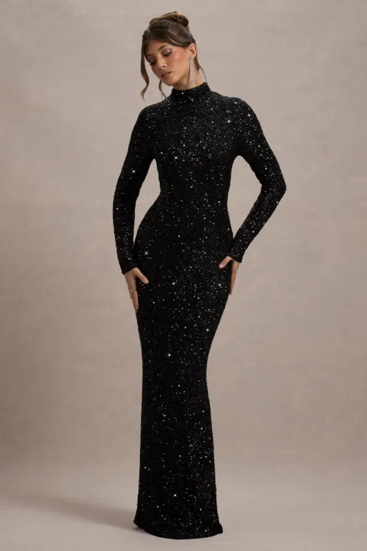 Galaxy | Black Sequin Turtle-Neck Long-Sleeve Maxi Dress sold by Club L London