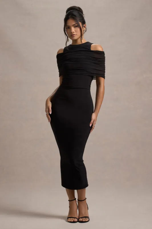 Lupine | Black Mesh Bardot Bodycon Midi Dress sold by Club L London