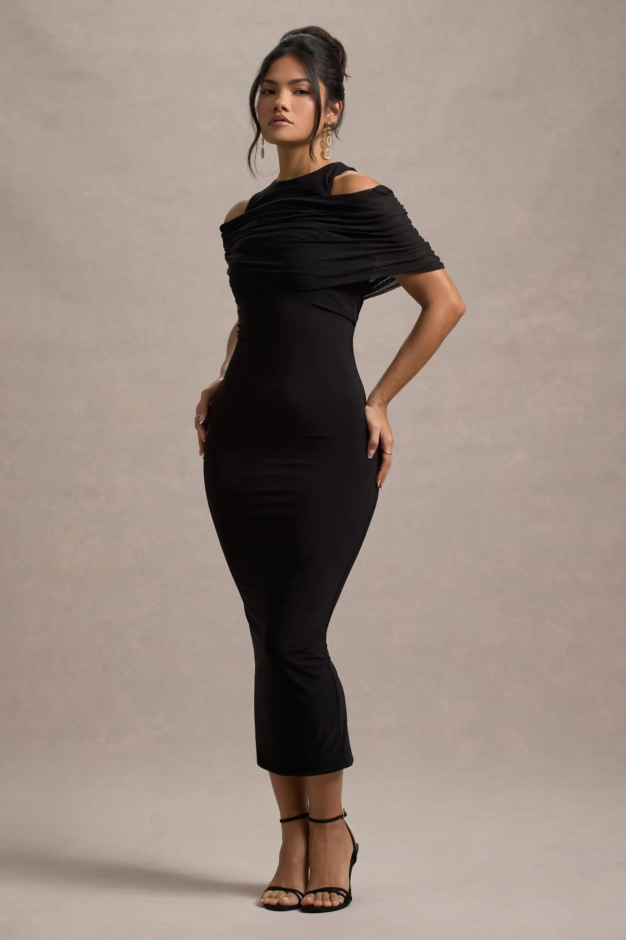 Lupine | Black Mesh Bardot Bodycon Midi Dress sold by Club L London product image thumbnail 4