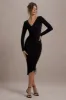 Lilia | Black Ruched Asymmetric Midi Dress sold by Club L London