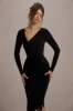 Lilia | Black Ruched Asymmetric Midi Dress sold by Club L London