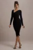 Lilia | Black Ruched Asymmetric Midi Dress sold by Club L London