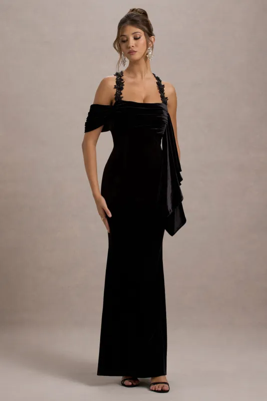 Charlize | Black Velvet Halter-Neck Draped Maxi Dress sold by Club L London