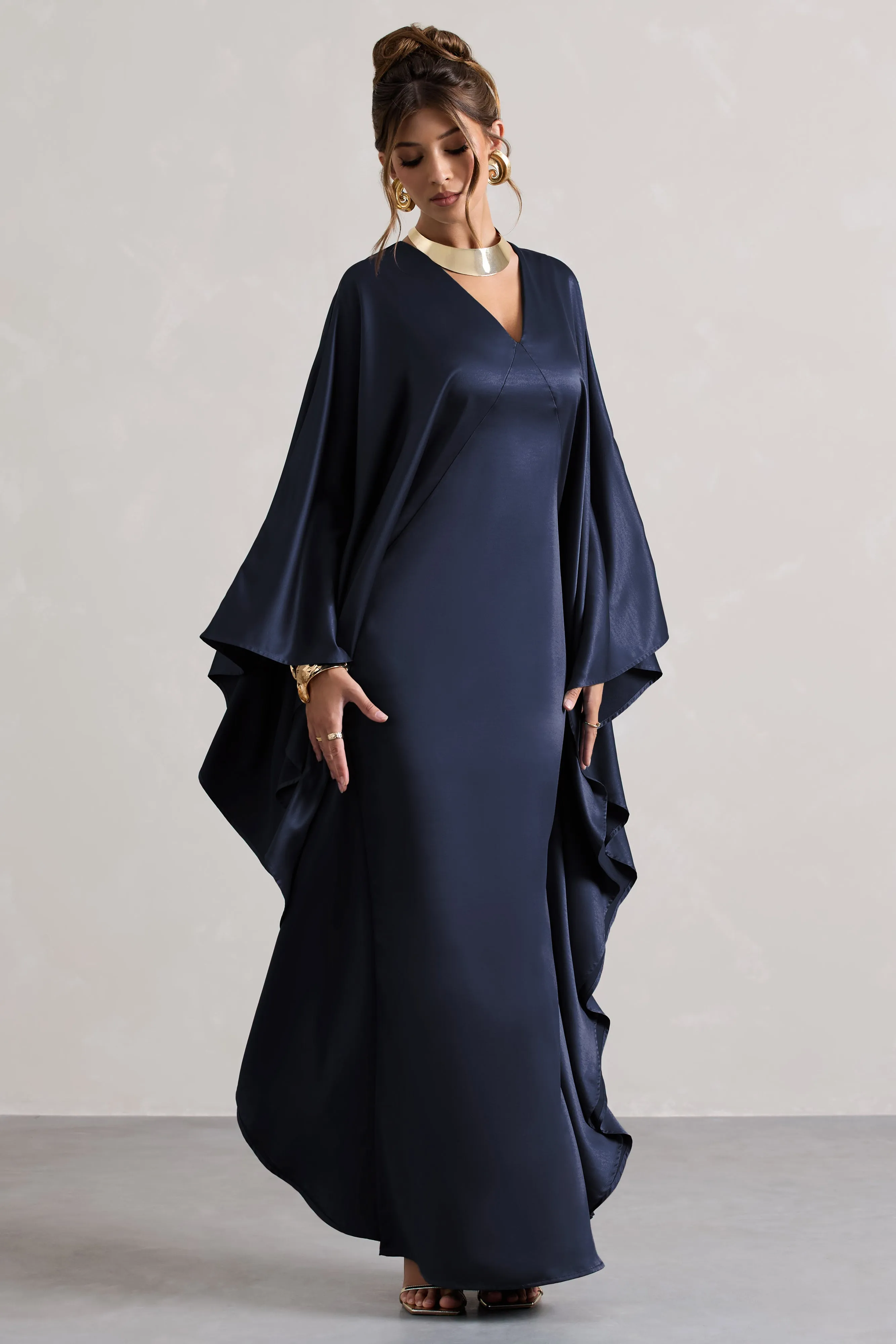 Alohi | Navy Satin Plunge Cape Maxi Dress sold by Club L London product image thumbnail 4