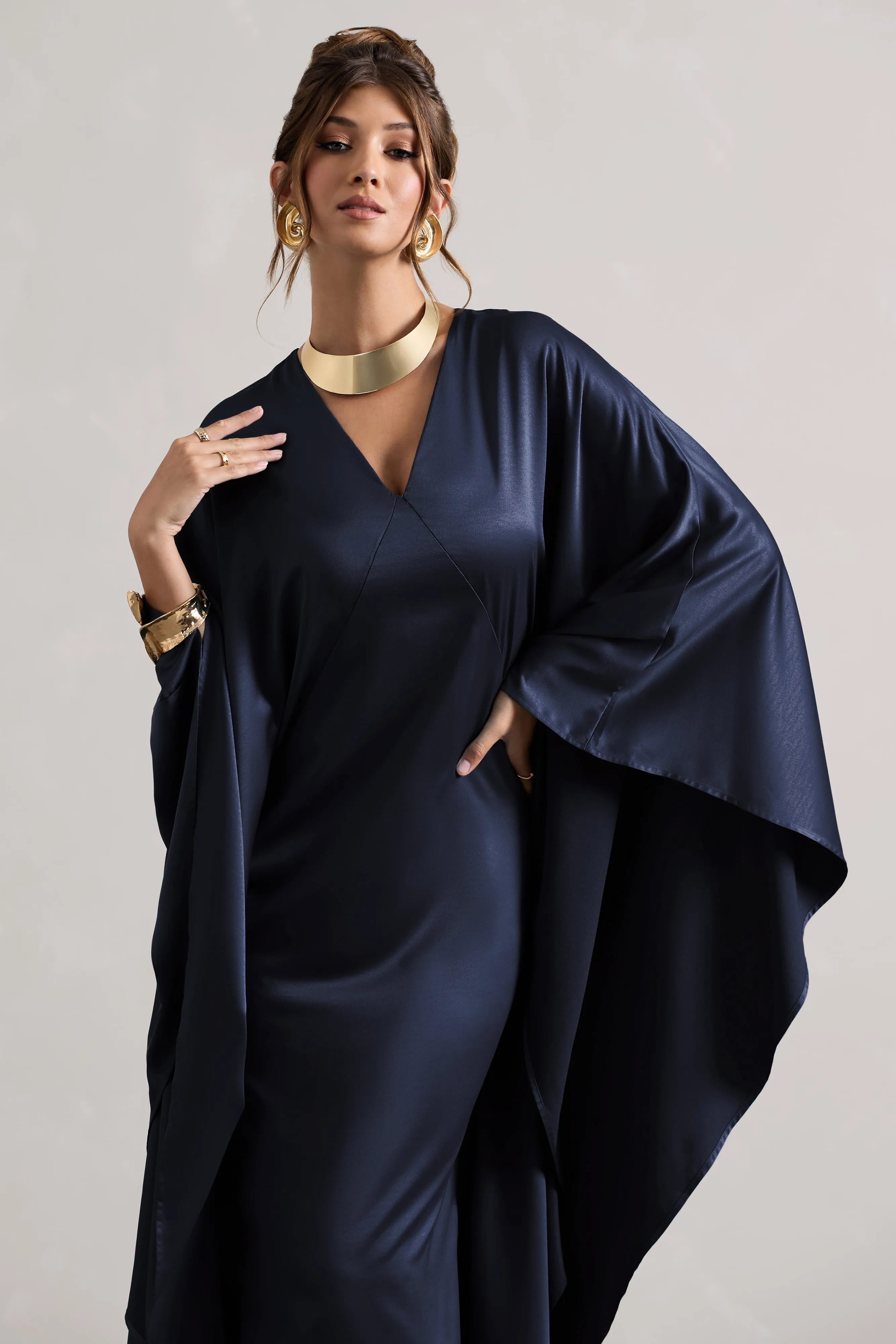 Alohi | Navy Satin Plunge Cape Maxi Dress sold by Club L London product image thumbnail 3
