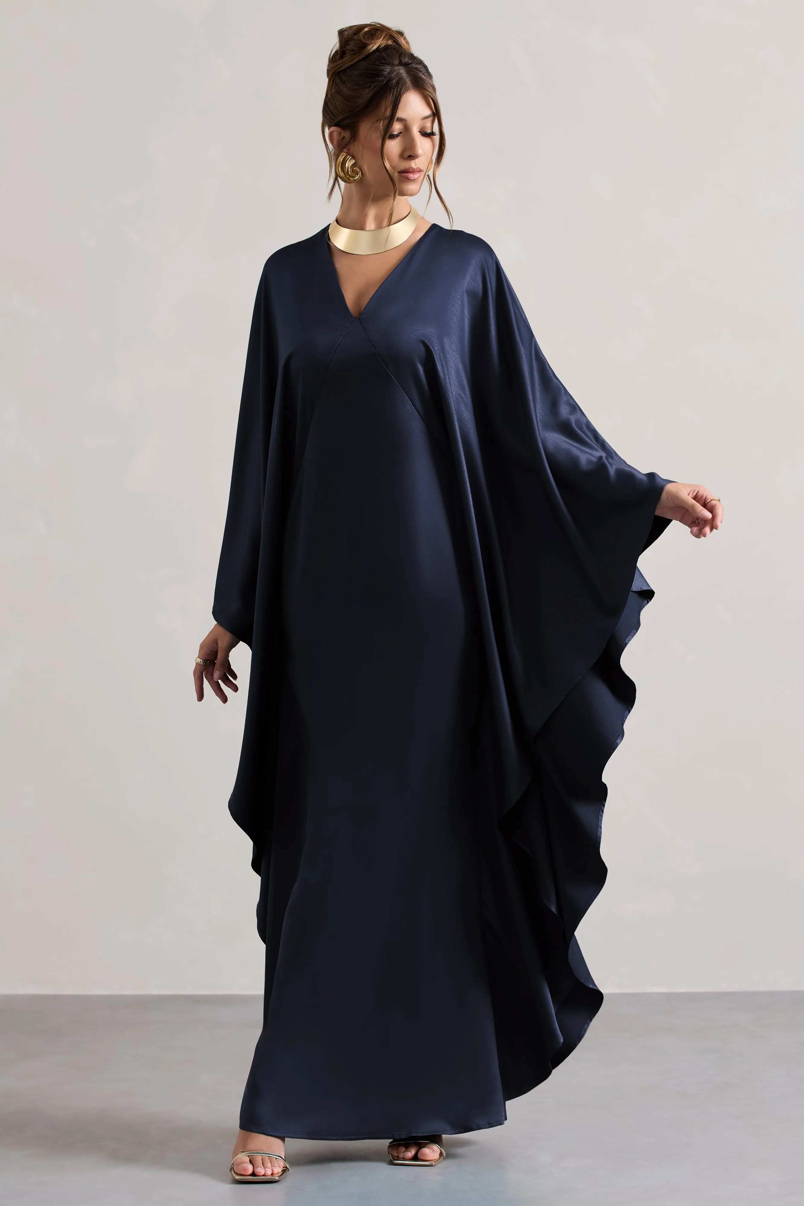 Alohi | Navy Satin Plunge Cape Maxi Dress sold by Club L London