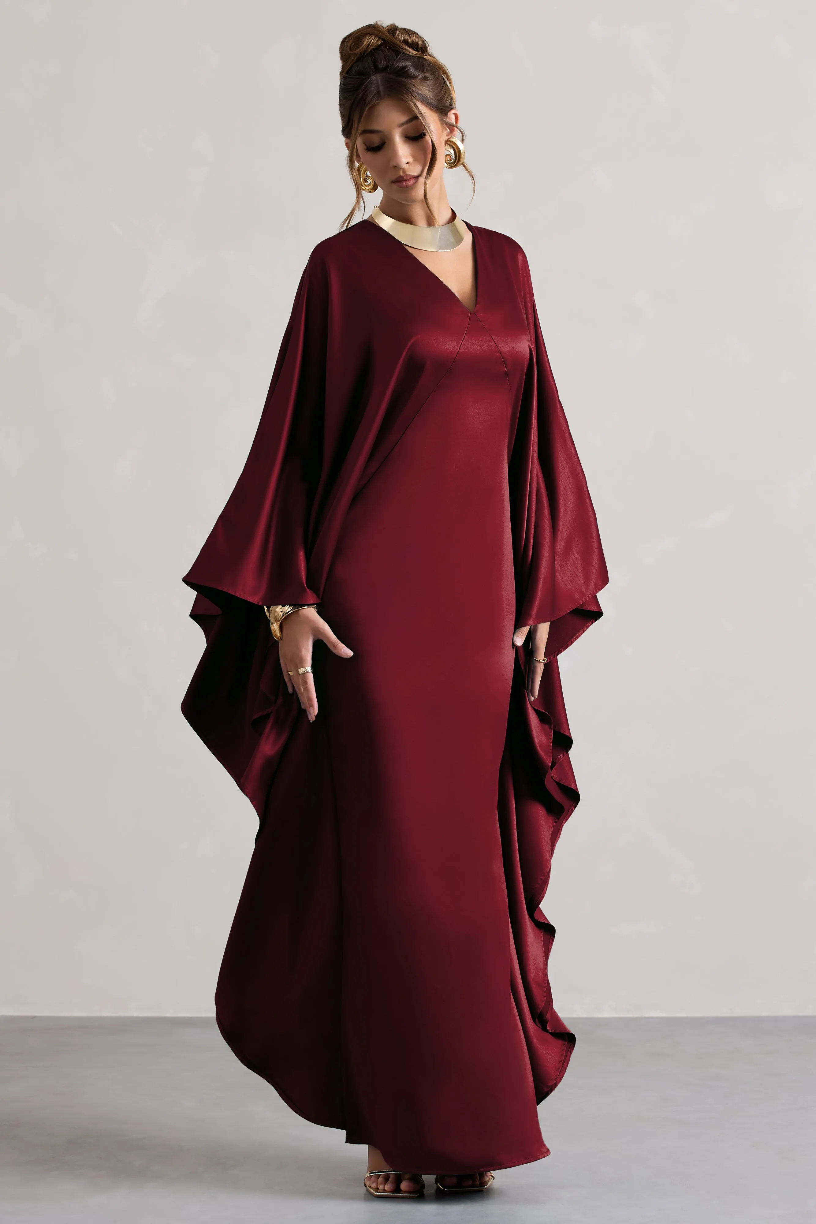 Alohi | Berry Satin Plunge Cape Maxi Dress sold by Club L London product image thumbnail 4