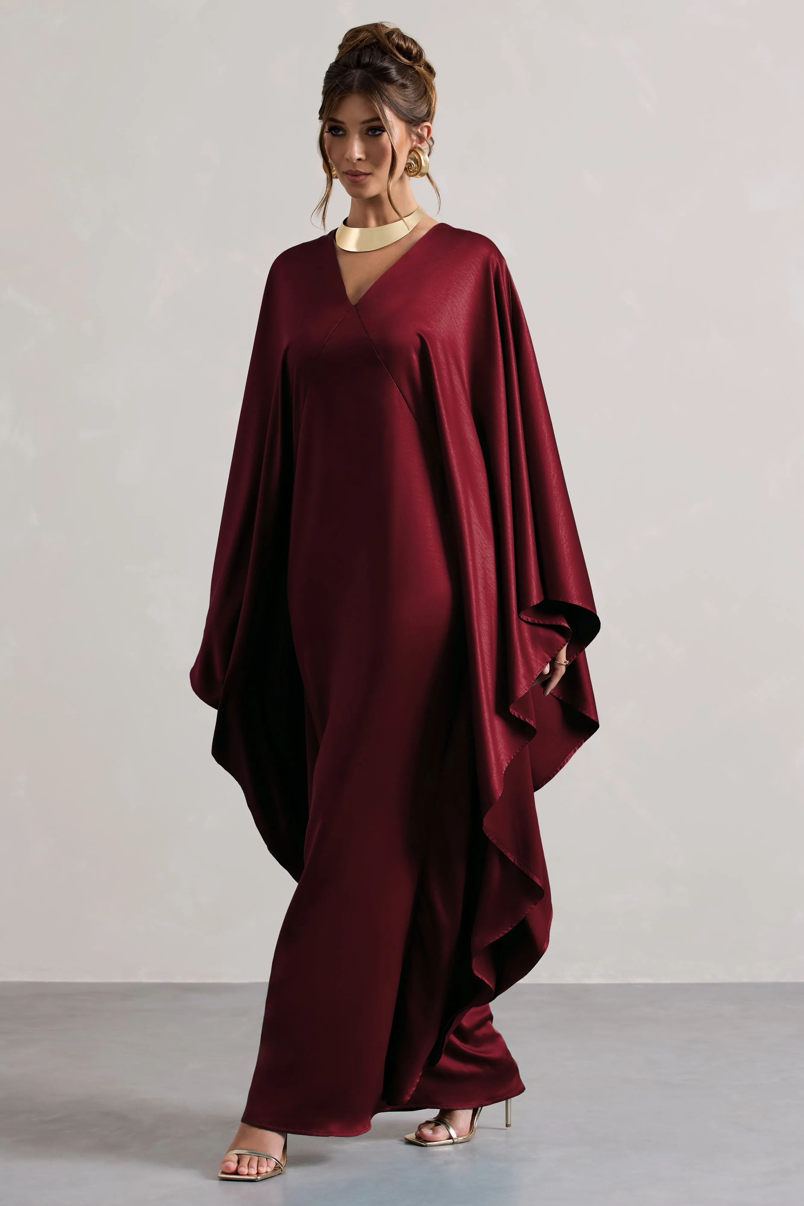 Alohi | Berry Satin Plunge Cape Maxi Dress sold by Club L London product image thumbnail 5