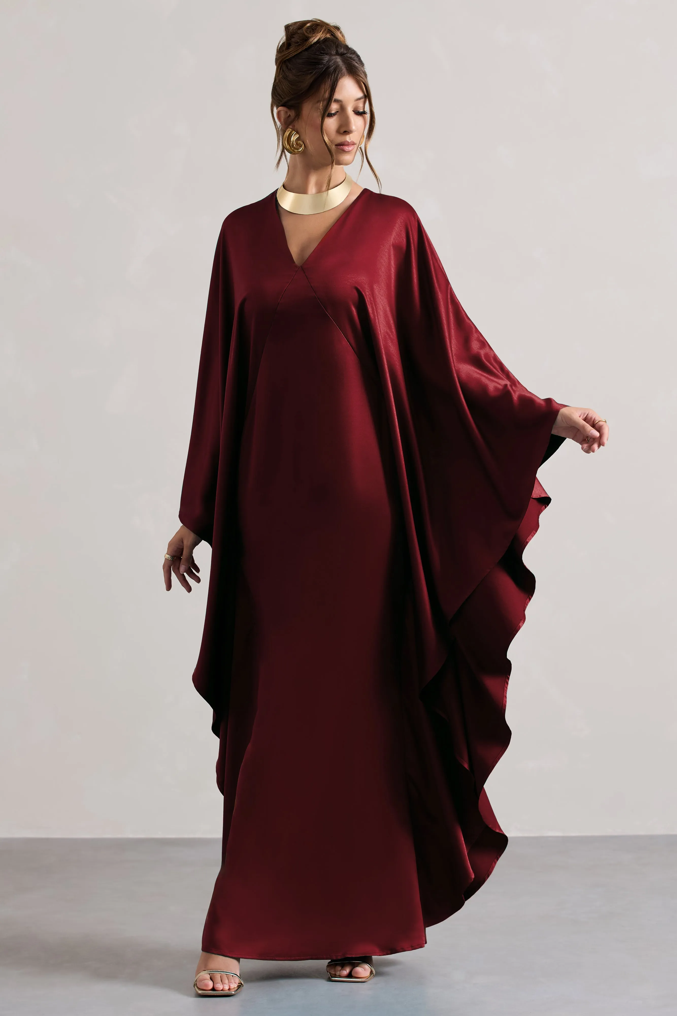 Alohi | Berry Satin Plunge Cape Maxi Dress sold by Club L London