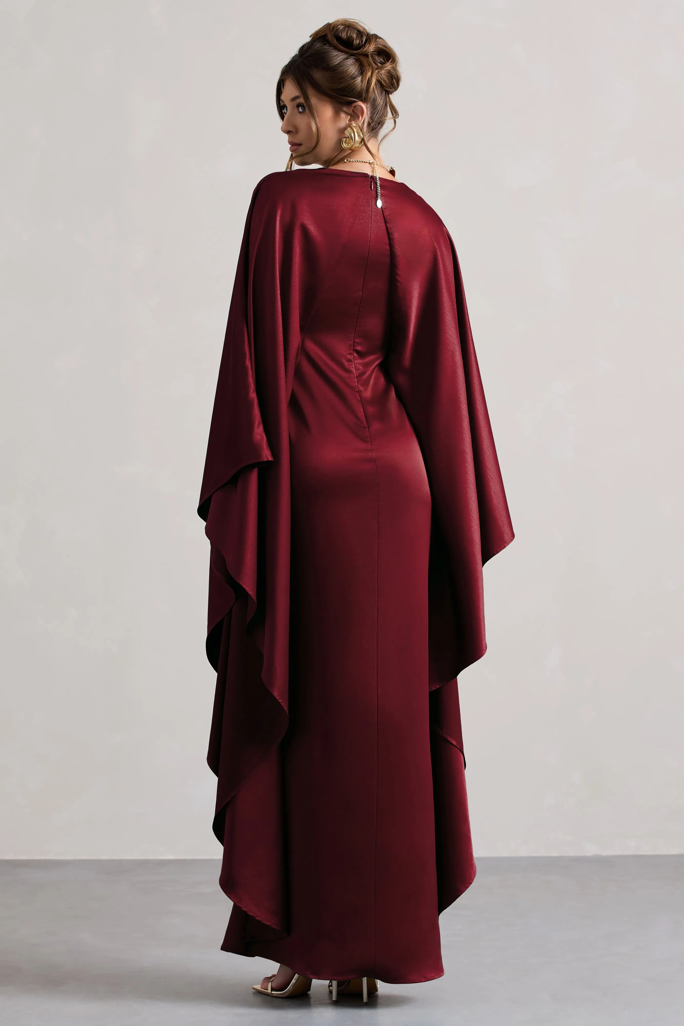 Alohi | Berry Satin Plunge Cape Maxi Dress sold by Club L London product image thumbnail 2