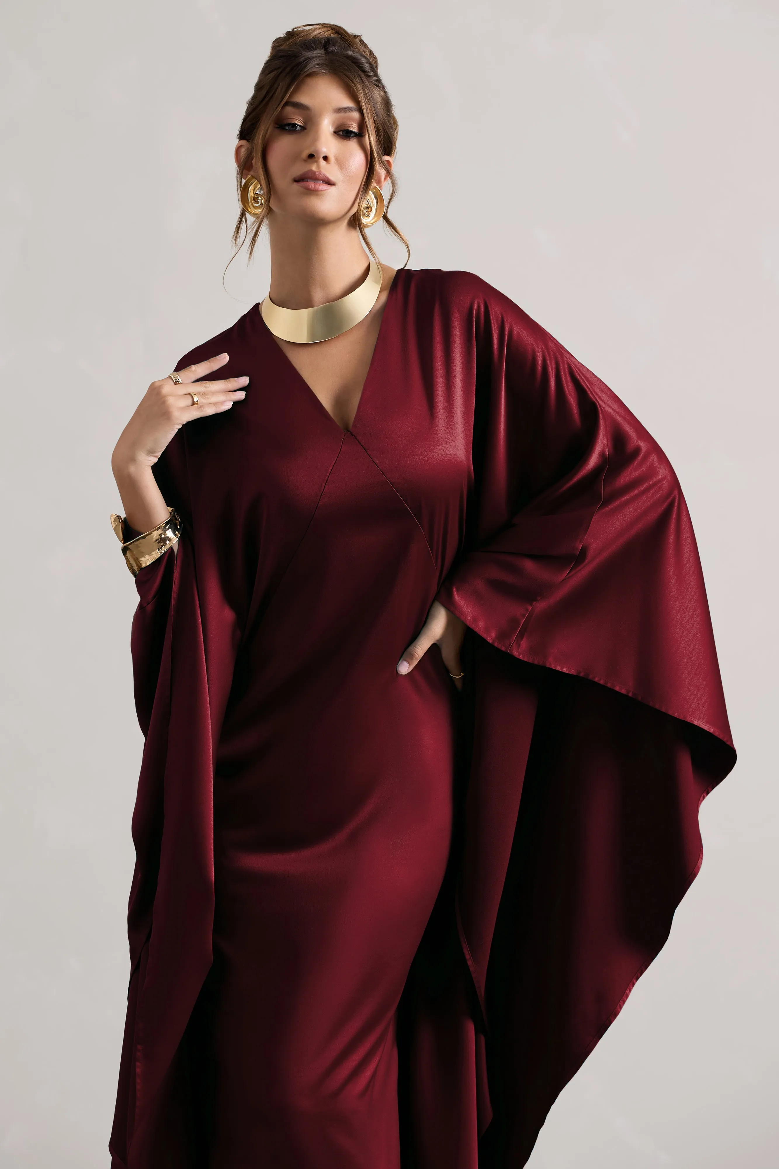 Alohi | Berry Satin Plunge Cape Maxi Dress sold by Club L London product image thumbnail 3