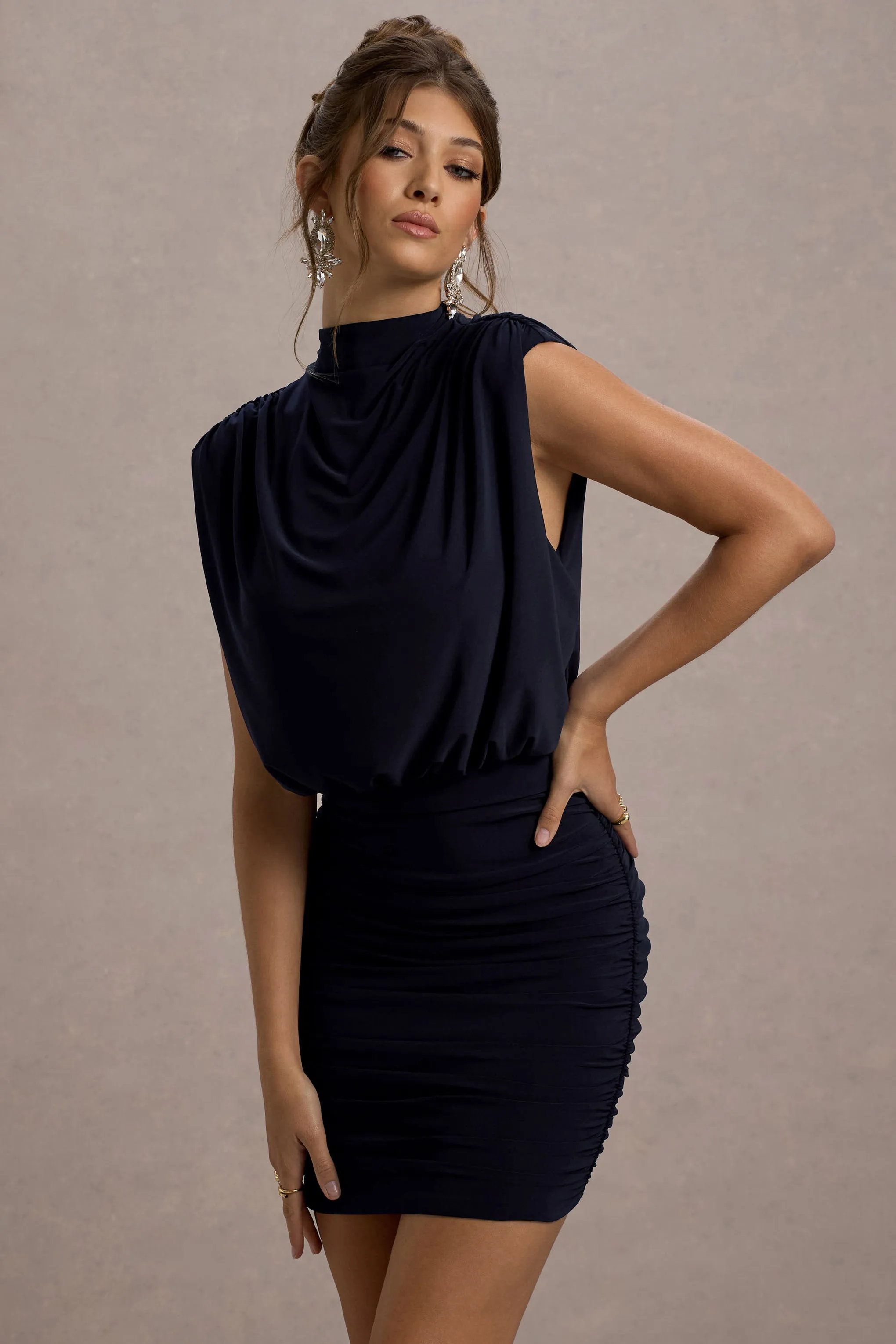 Nymeria | Navy High-Neck Draped Bodycon Mini Dress sold by Club L London product image thumbnail 4