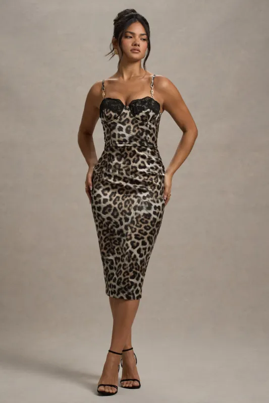 Soprano | Leopard Print Satin Sweetheart Lace Trim Midi Dress sold by Club L London