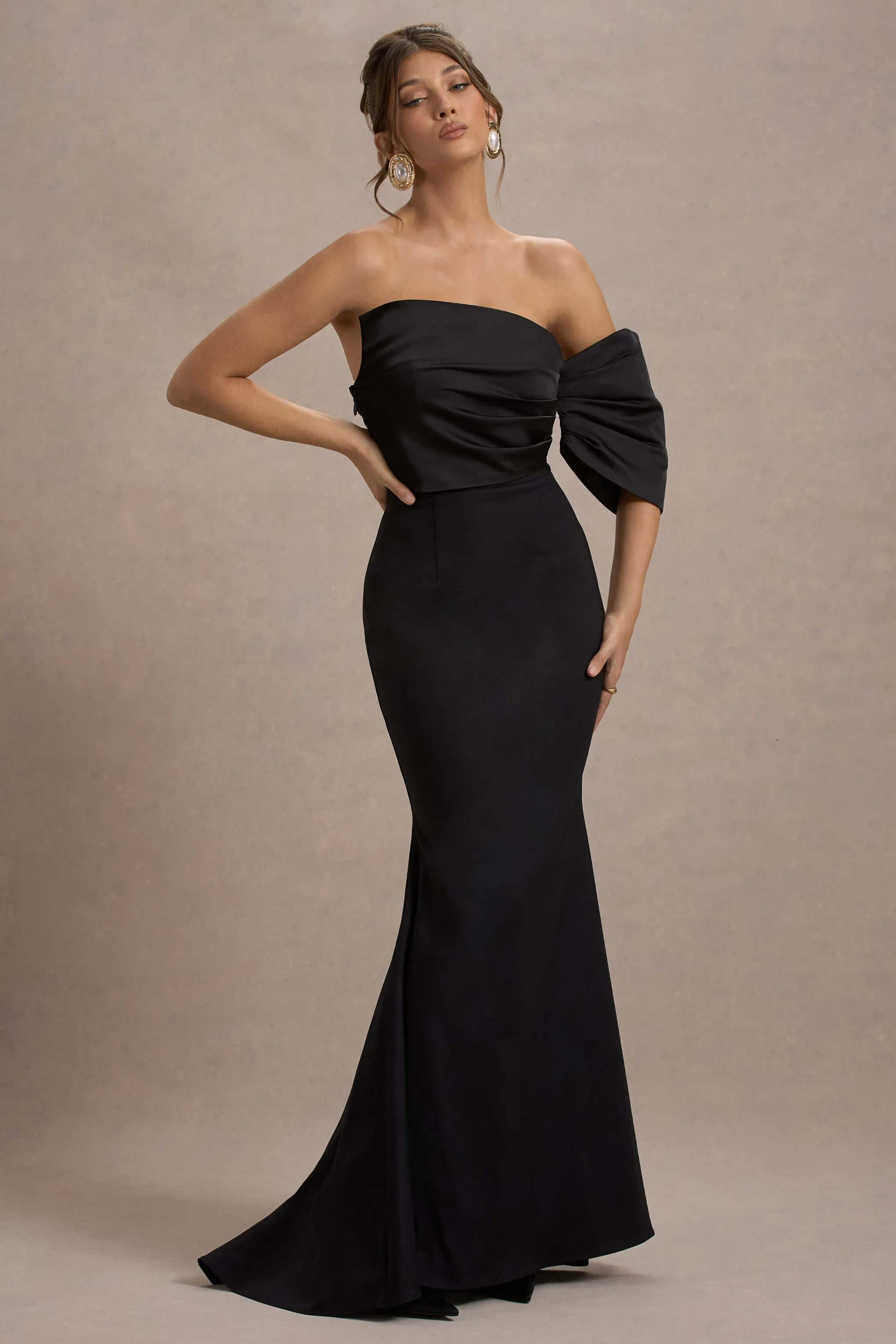 Rosora | Black Asymmetric One-Sleeve Fishtail Maxi Dress sold by Club L London