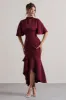 Lavinia | Berry High-Neck Flutter-Sleeve Asymmetric Maxi Dress sold by Club L London