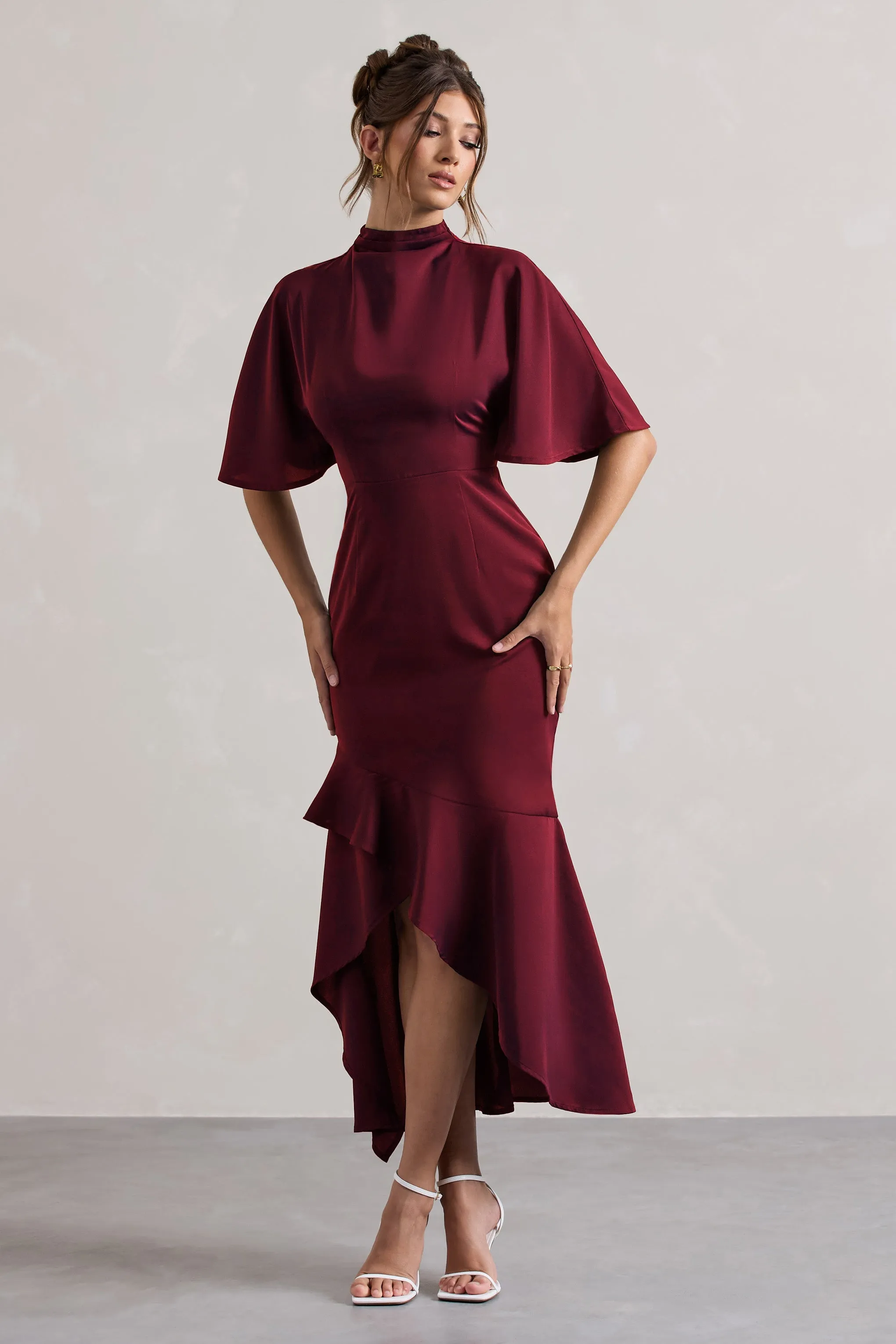 Lavinia | Berry High-Neck Flutter-Sleeve Asymmetric Maxi Dress sold by Club L London product image thumbnail 5
