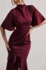 Lavinia | Berry High-Neck Flutter-Sleeve Asymmetric Maxi Dress sold by Club L London