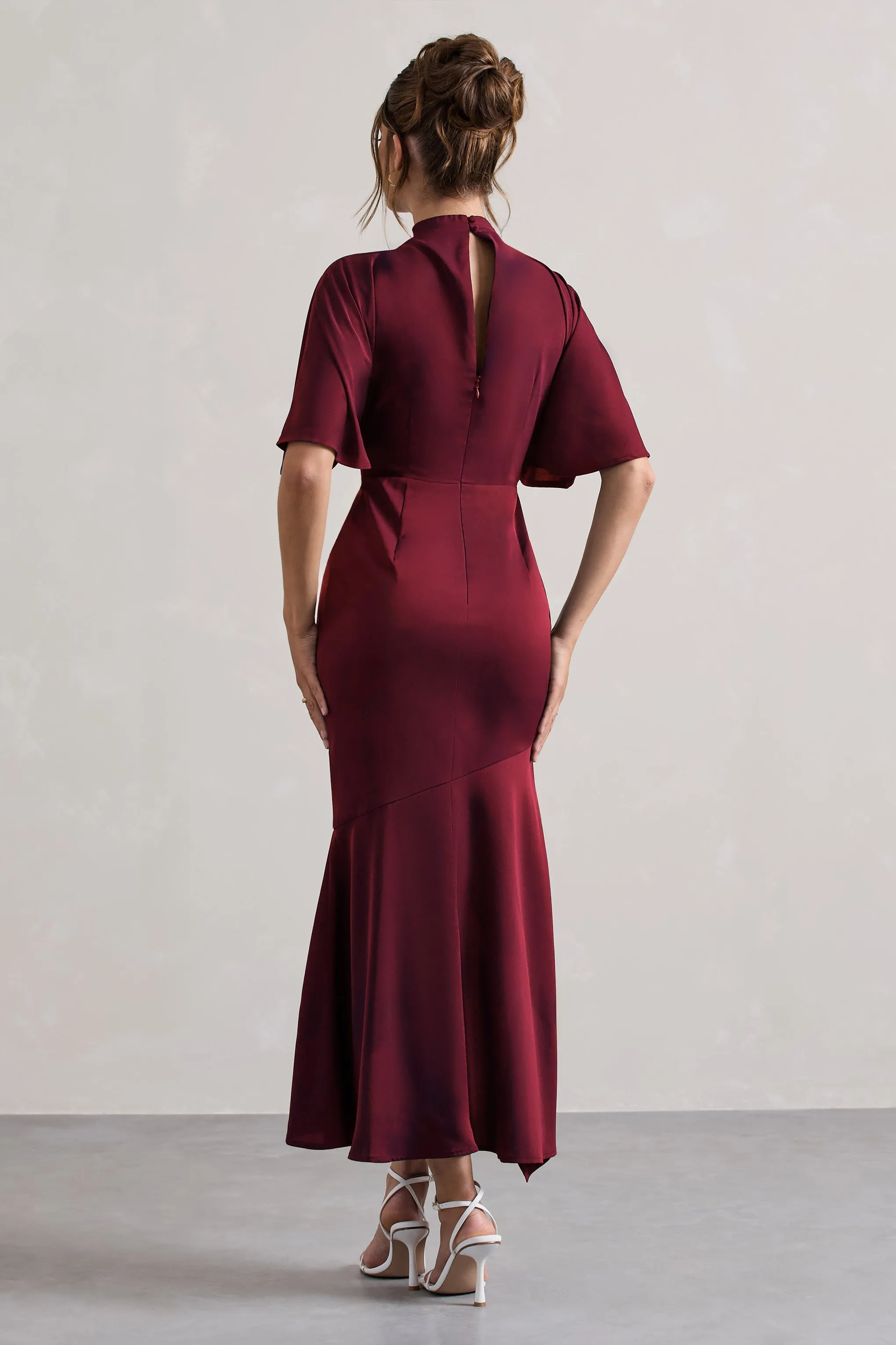 Lavinia | Berry High-Neck Flutter-Sleeve Asymmetric Maxi Dress sold by Club L London product image thumbnail 2