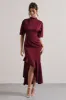 Lavinia | Berry High-Neck Flutter-Sleeve Asymmetric Maxi Dress sold by Club L London