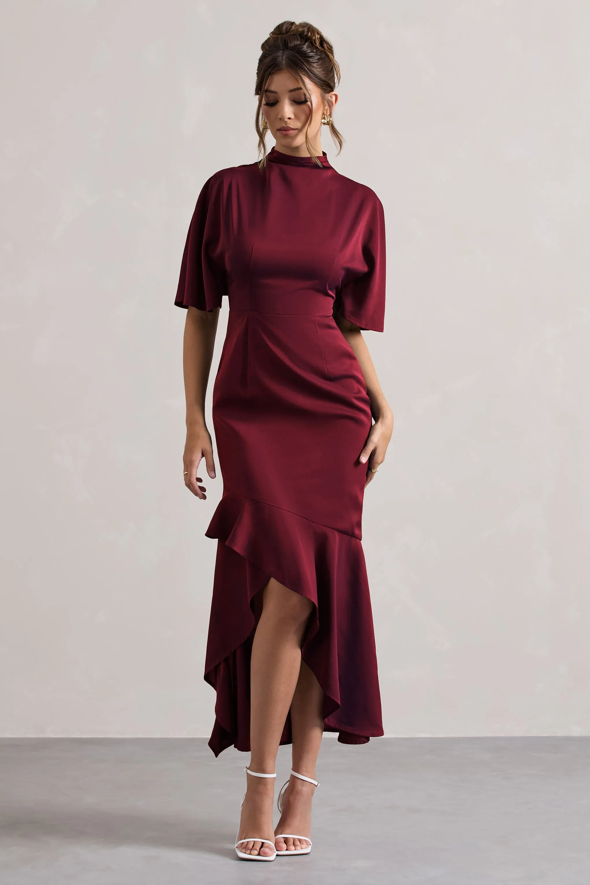 Lavinia | Berry High-Neck Flutter-Sleeve Asymmetric Maxi Dress sold by Club L London