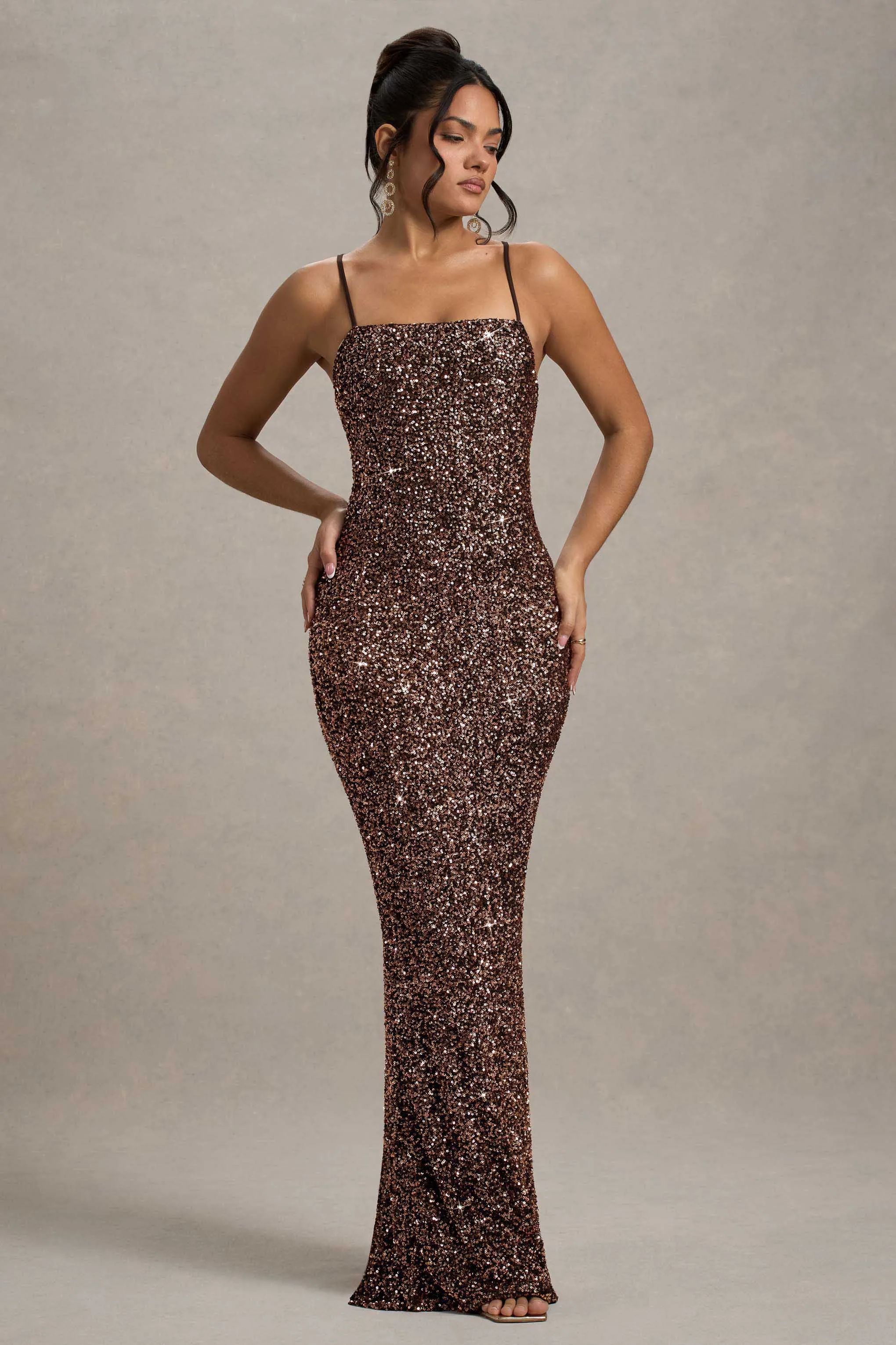 Cosmic | Bronze Sequin Square-Neck Strappy Maxi Dress sold by Club L London product image thumbnail 4