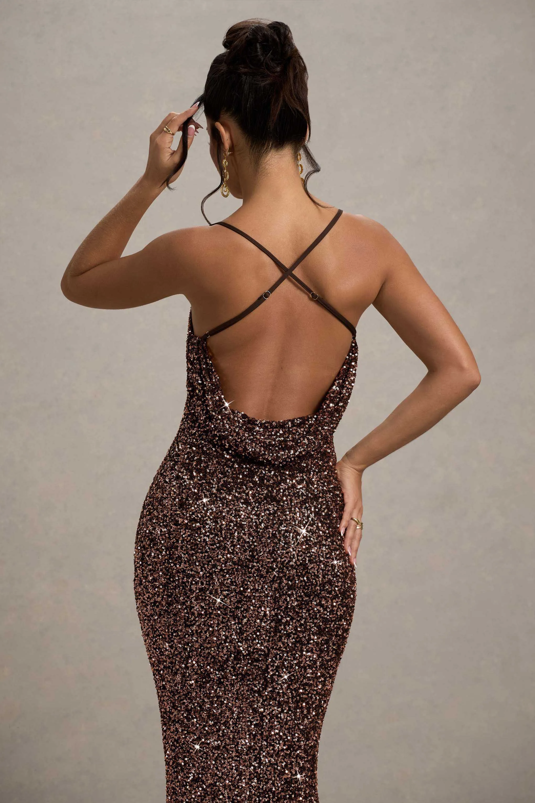 Cosmic | Bronze Sequin Square-Neck Strappy Maxi Dress sold by Club L London product image thumbnail 2