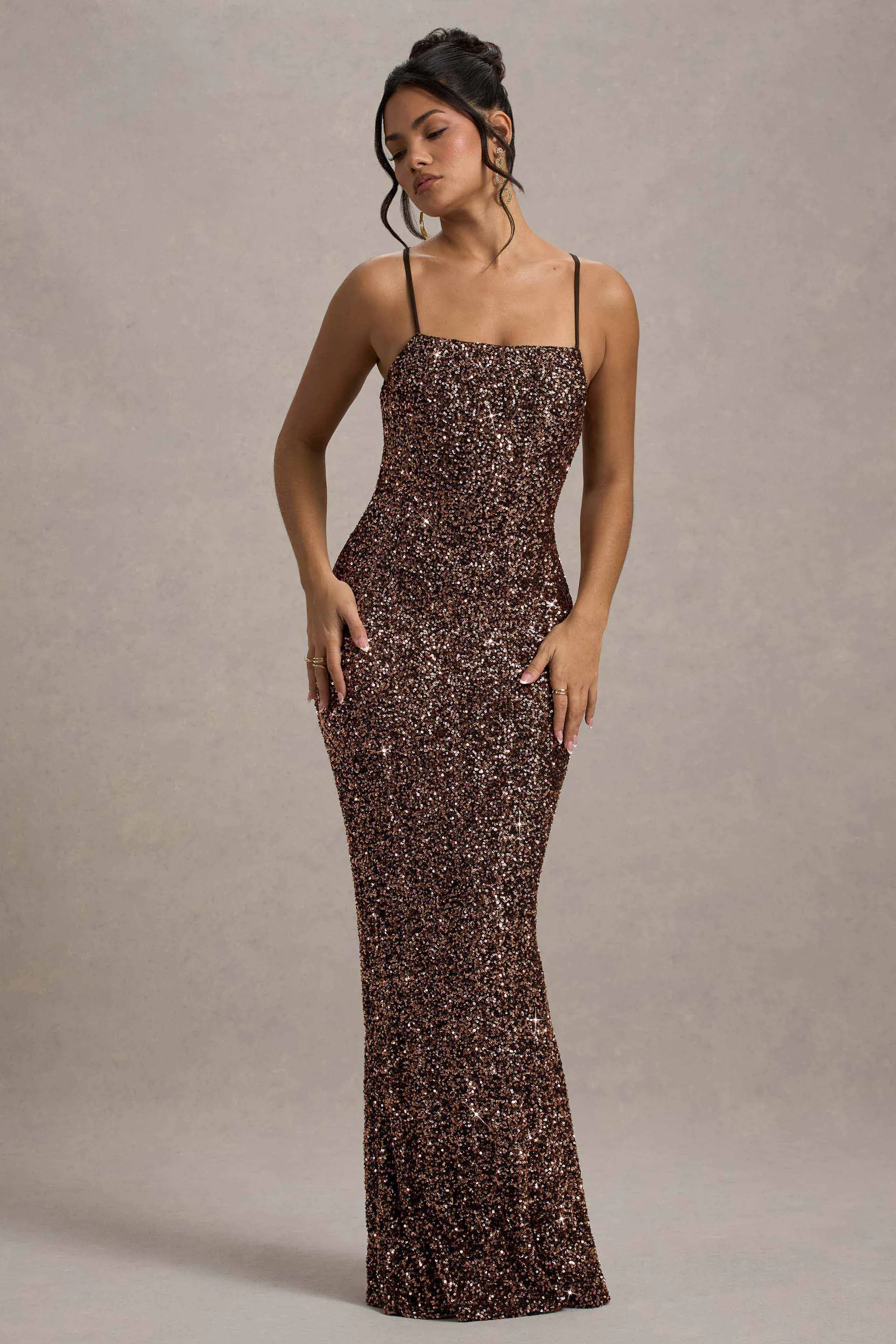 Cosmic | Bronze Sequin Square-Neck Strappy Maxi Dress sold by Club L London