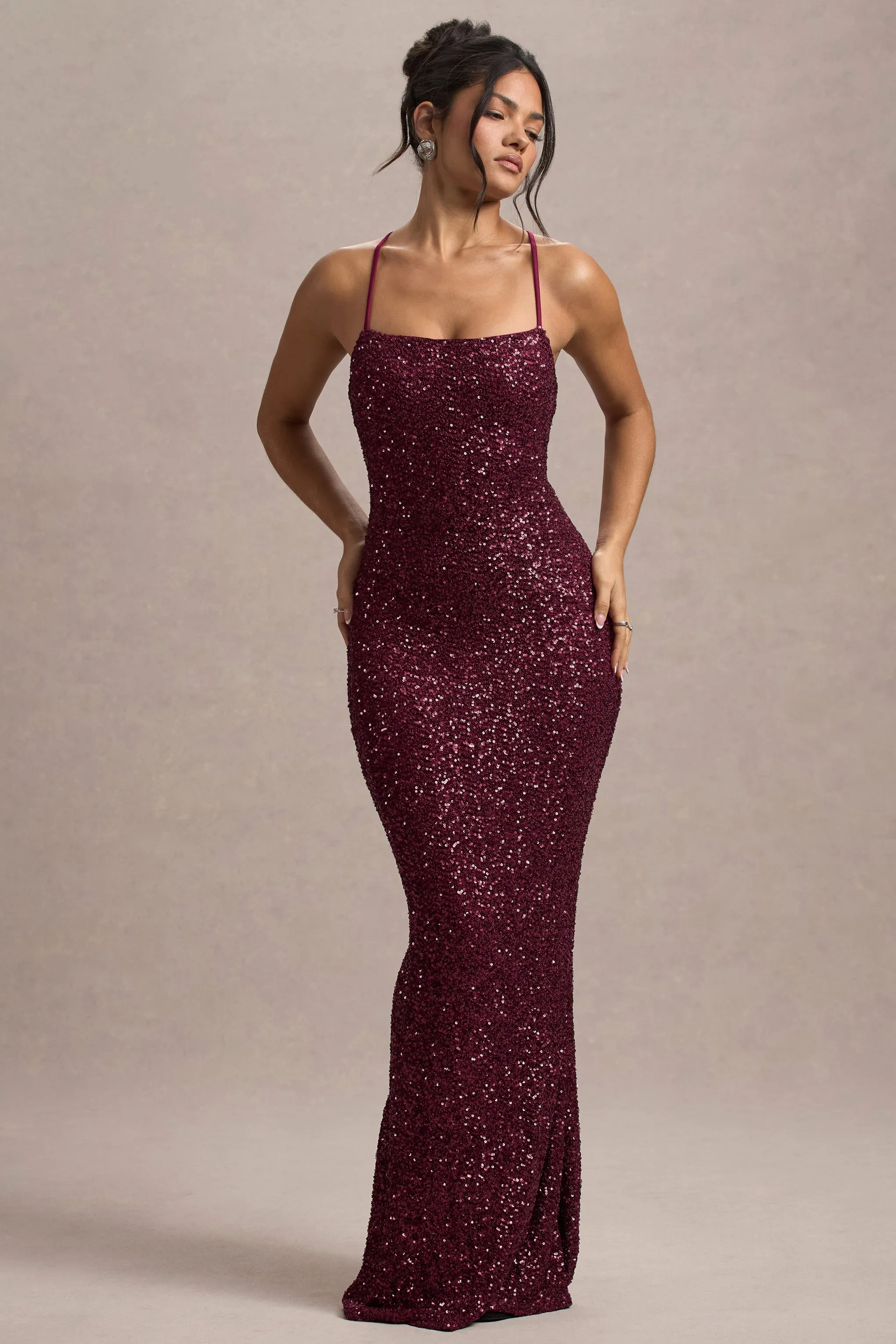 Cosmic | Berry Sequin Square-Neck Strappy Maxi Dress sold by Club L London product image thumbnail 5