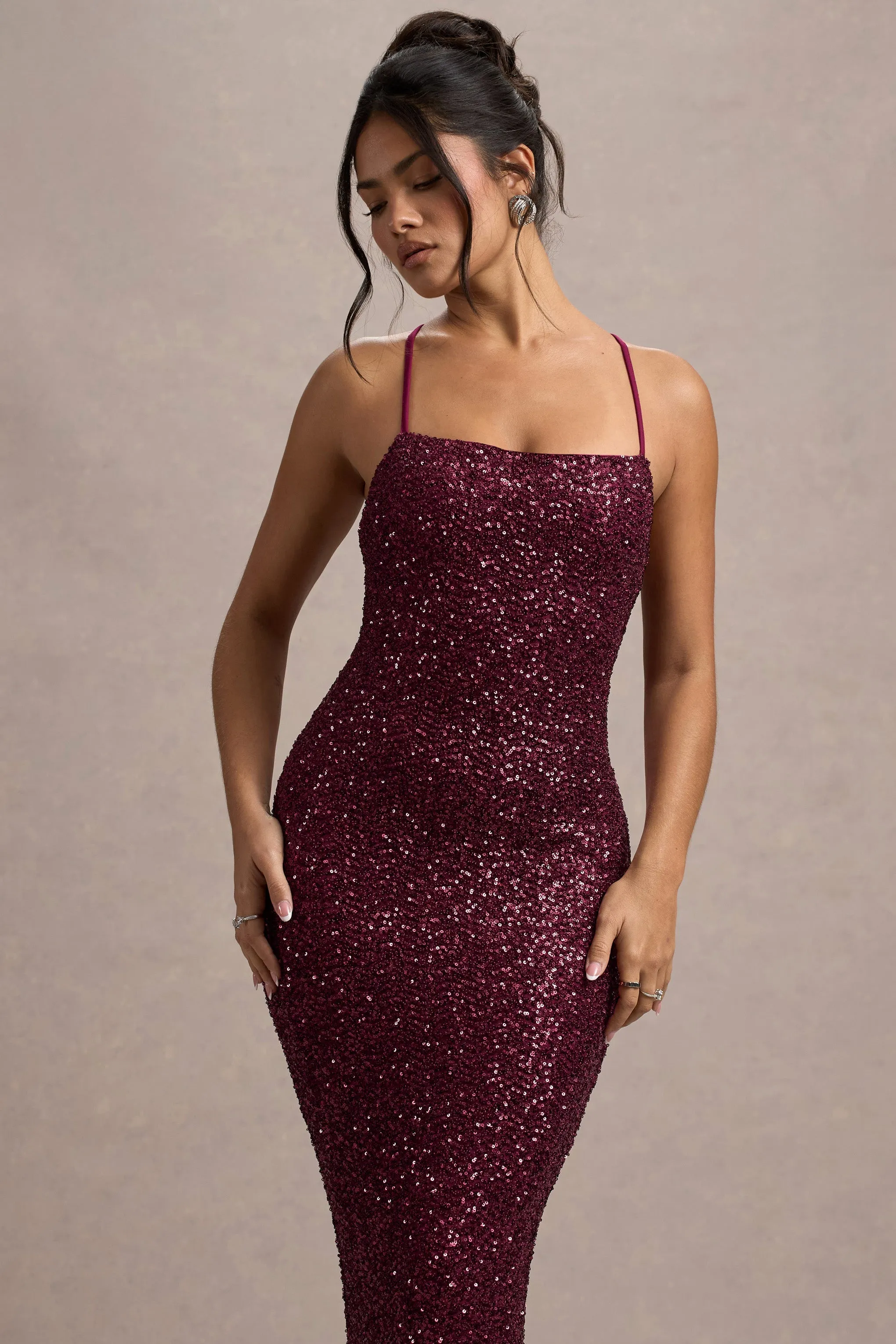 Cosmic | Berry Sequin Square-Neck Strappy Maxi Dress sold by Club L London product image thumbnail 4