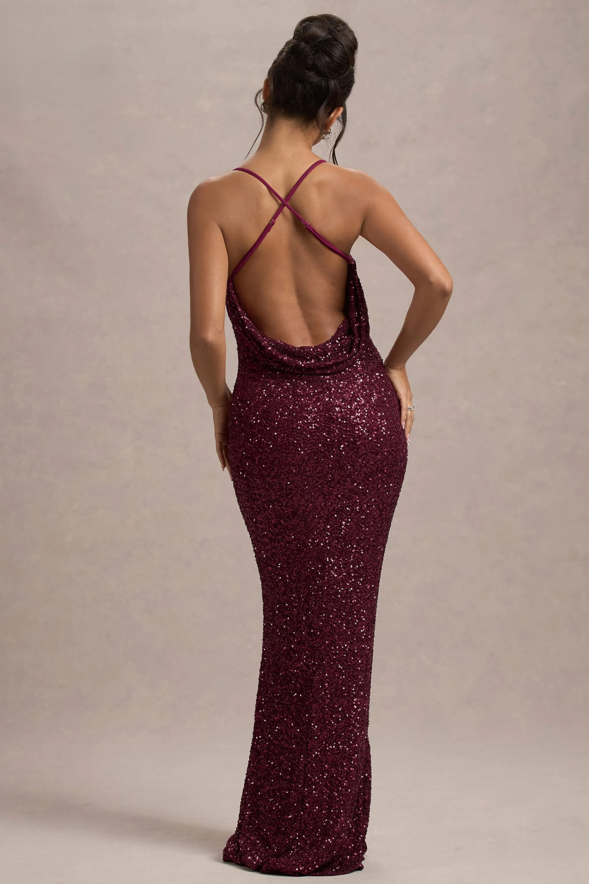 Cosmic | Berry Sequin Square-Neck Strappy Maxi Dress sold by Club L London product image thumbnail 3