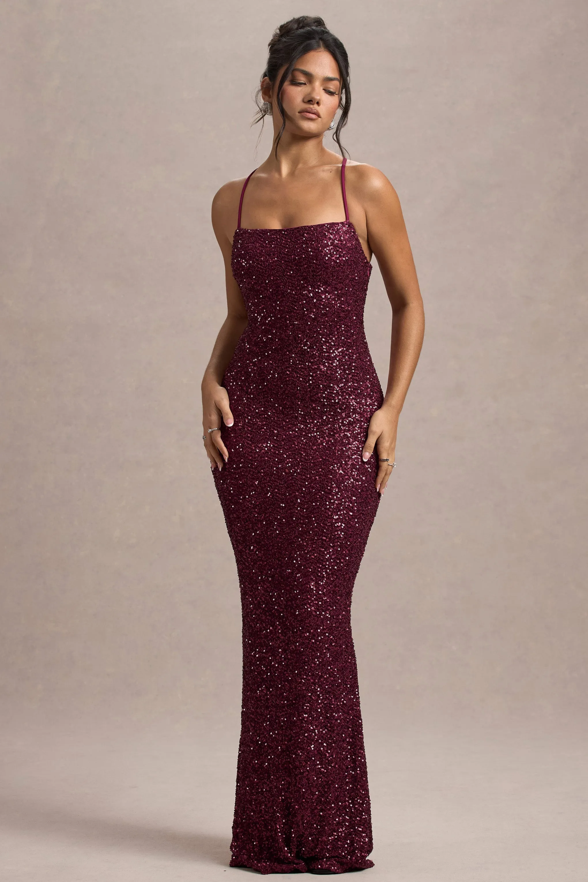 Cosmic | Berry Sequin Square-Neck Strappy Maxi Dress sold by Club L London product image thumbnail 2