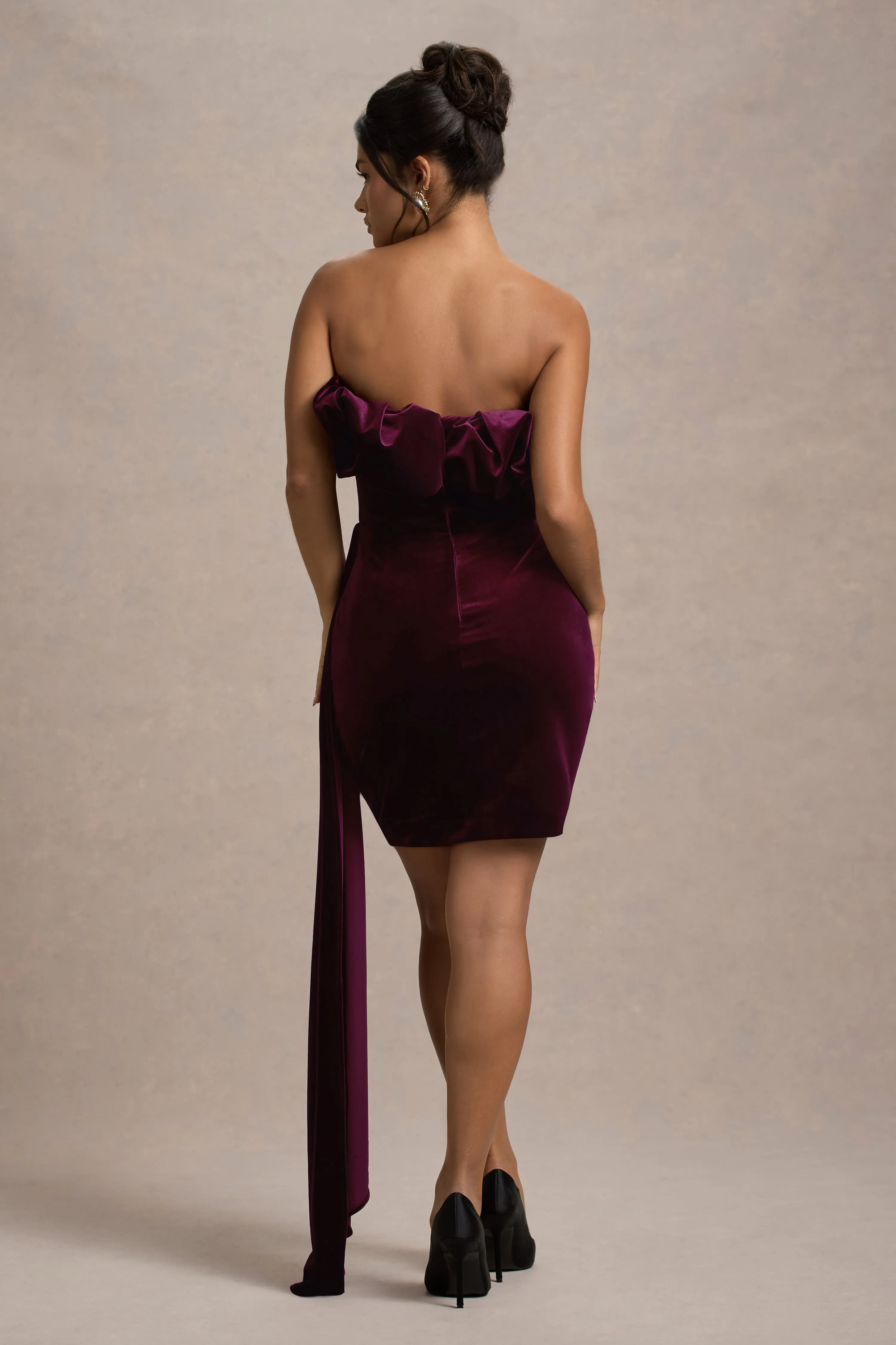 Ceronne | Plum Velvet Bandeau Mini Dress With Drape sold by Club L London product image thumbnail 2