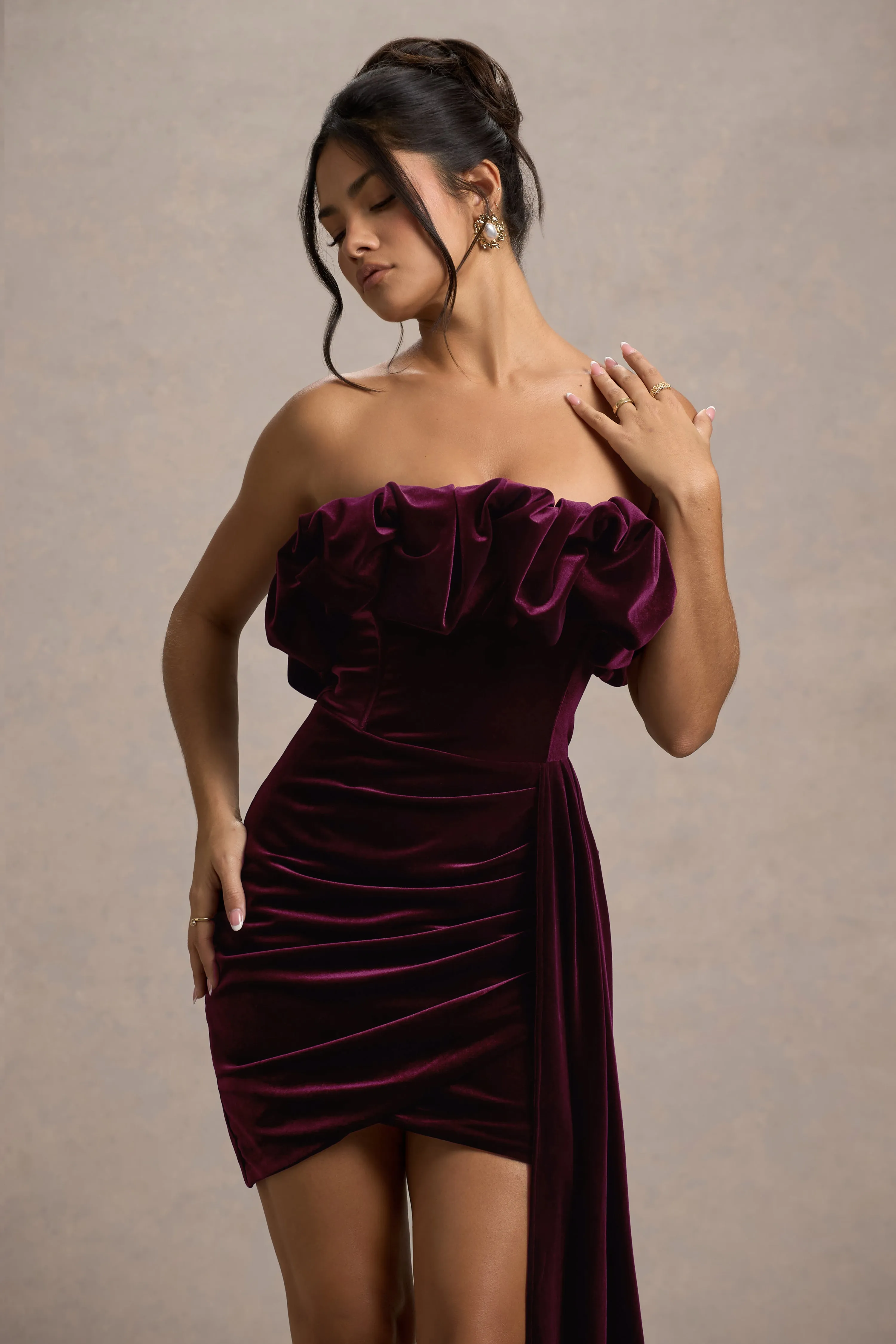 Ceronne | Plum Velvet Bandeau Mini Dress With Drape sold by Club L London product image thumbnail 3