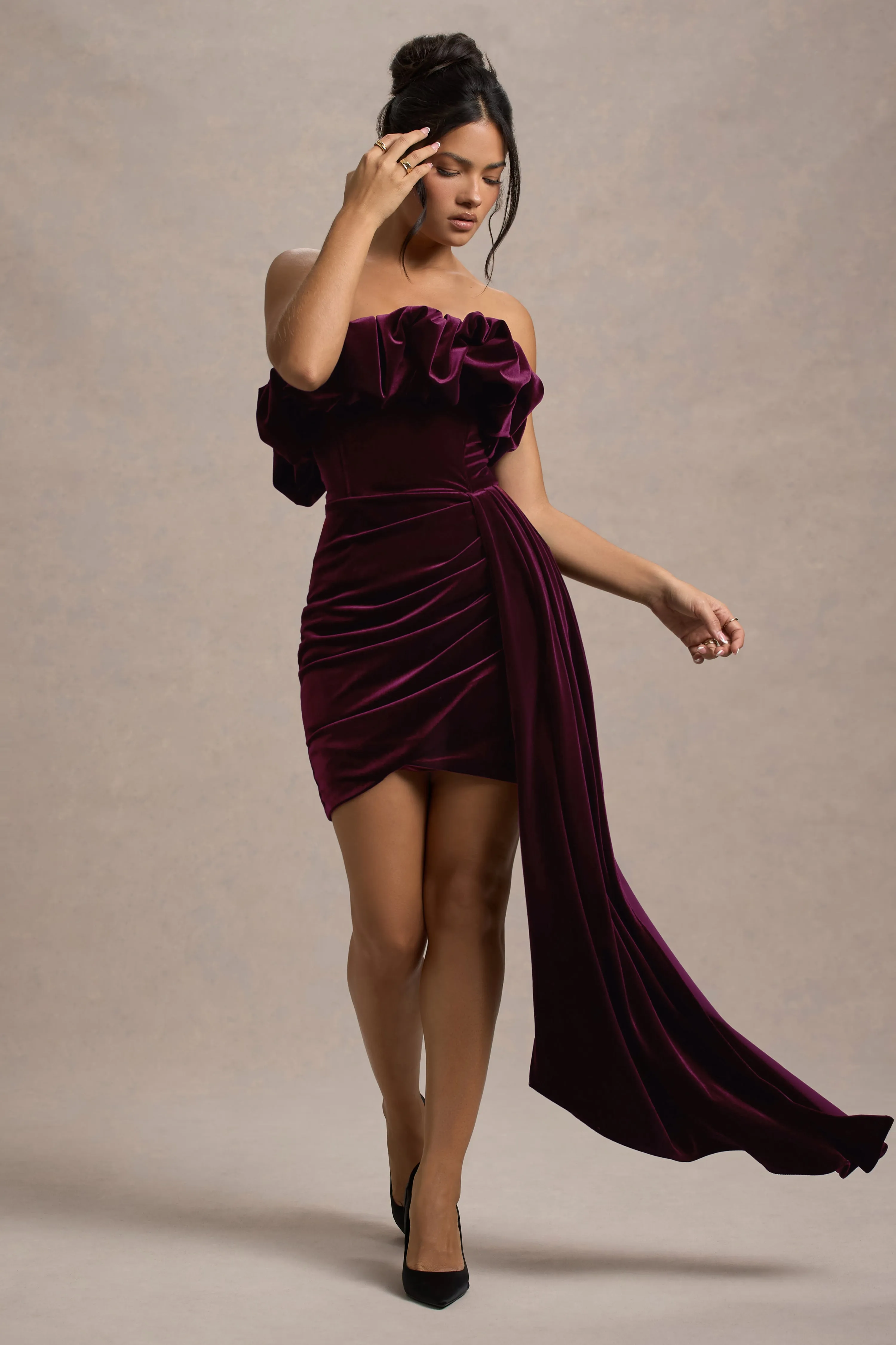 Ceronne | Plum Velvet Bandeau Mini Dress With Drape sold by Club L London product image thumbnail 5