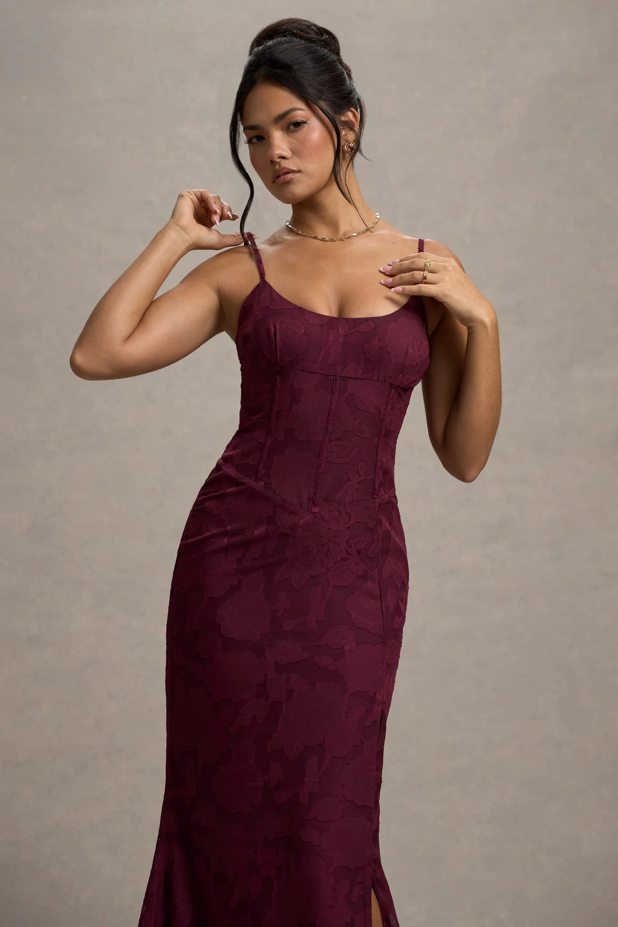 Intimacy | Plum Lace Corset Split Maxi Dress sold by Club L London product image thumbnail 3