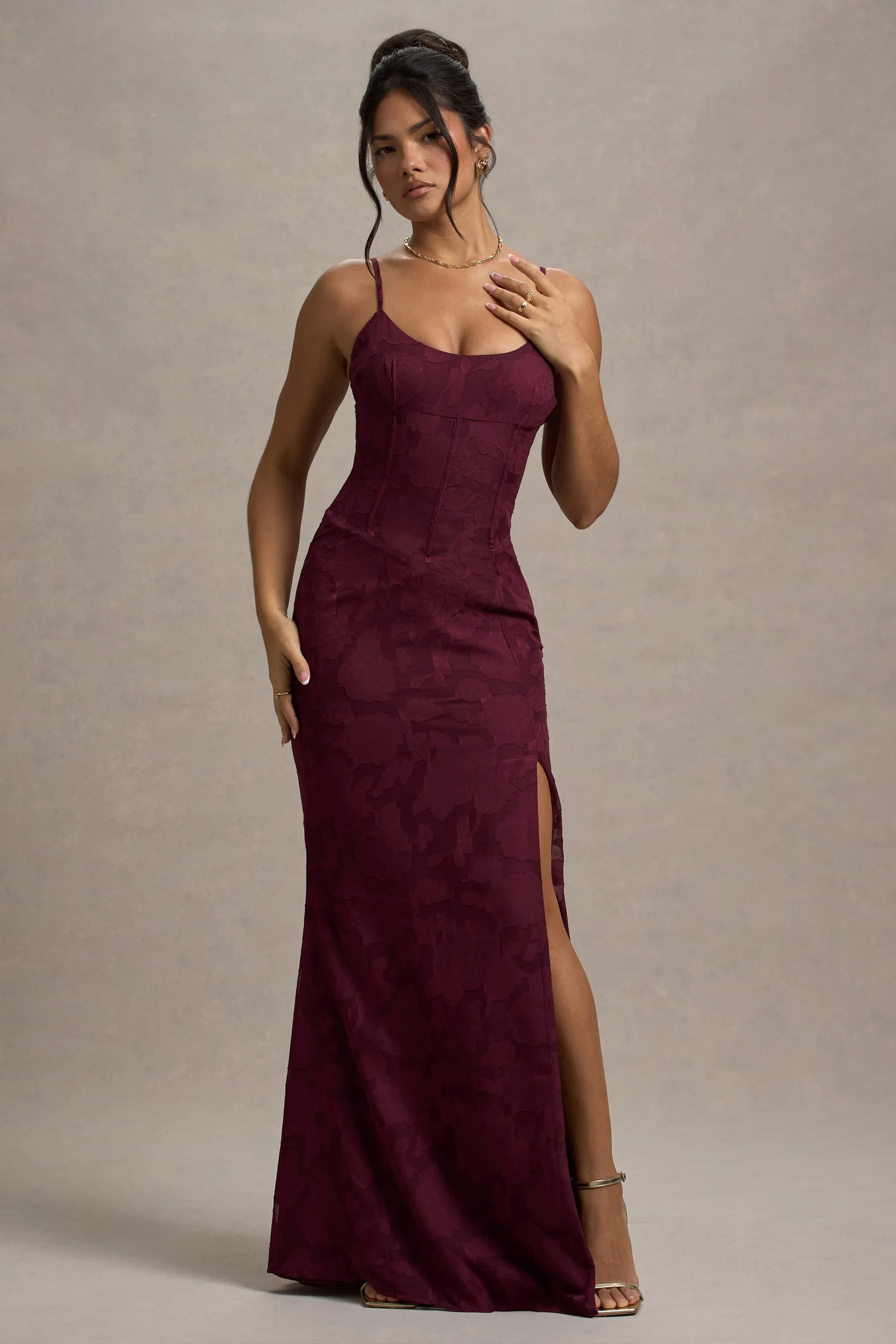 Intimacy | Plum Lace Corset Split Maxi Dress sold by Club L London product image thumbnail 5