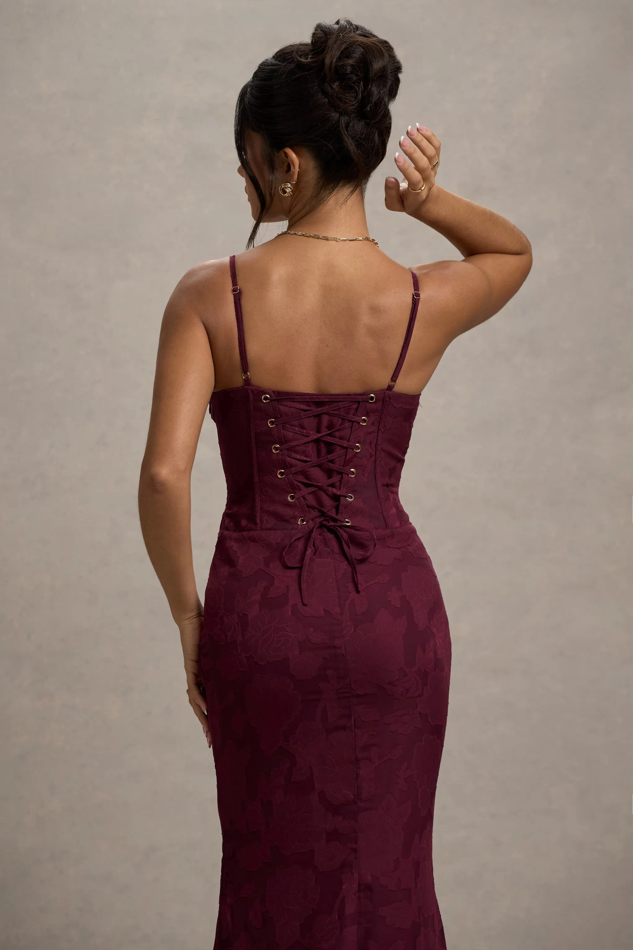 Intimacy | Plum Lace Corset Split Maxi Dress sold by Club L London product image thumbnail 4